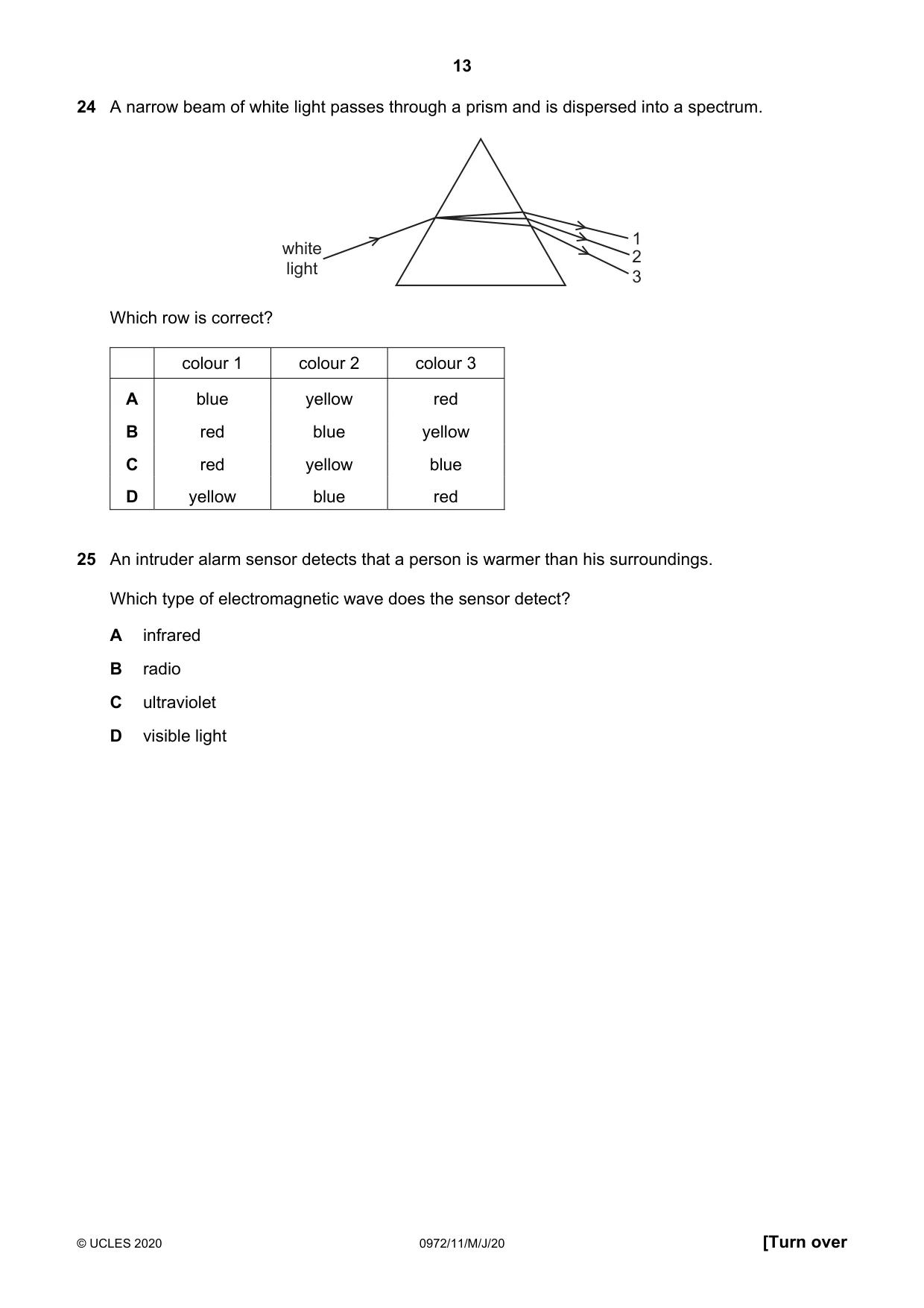 Cambridge IGCSE Physics (9-1) 0972 2020 May/June Paper 1 · Variant 1 question paper, page 13 of 20