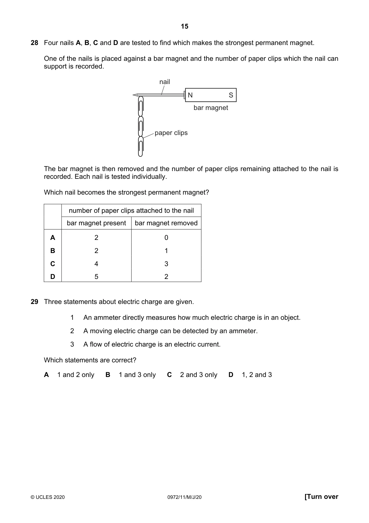 Cambridge IGCSE Physics (9-1) 0972 2020 May/June Paper 1 · Variant 1 question paper, page 15 of 20
