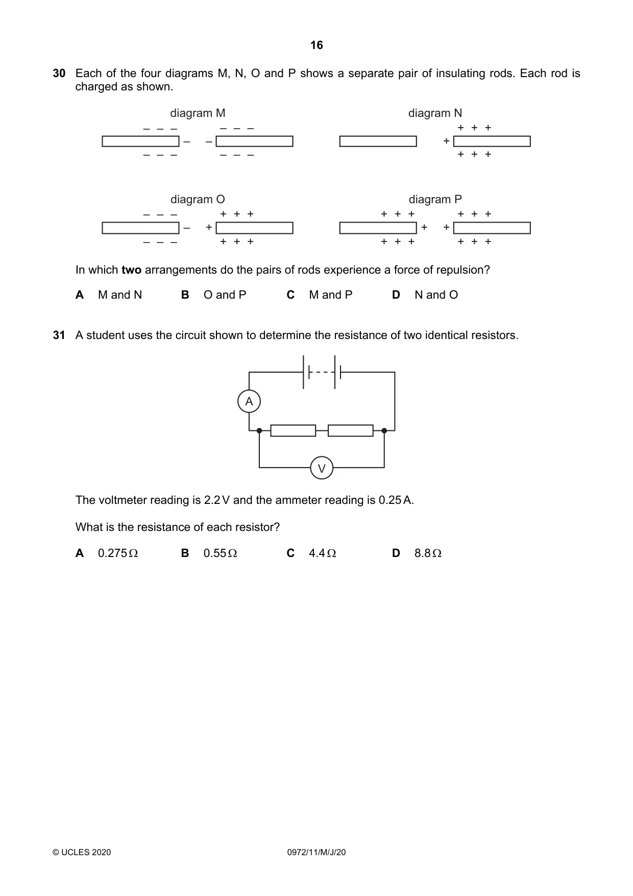 Cambridge IGCSE Physics (9-1) 0972 2020 May/June Paper 1 · Variant 1 question paper, page 16 of 20