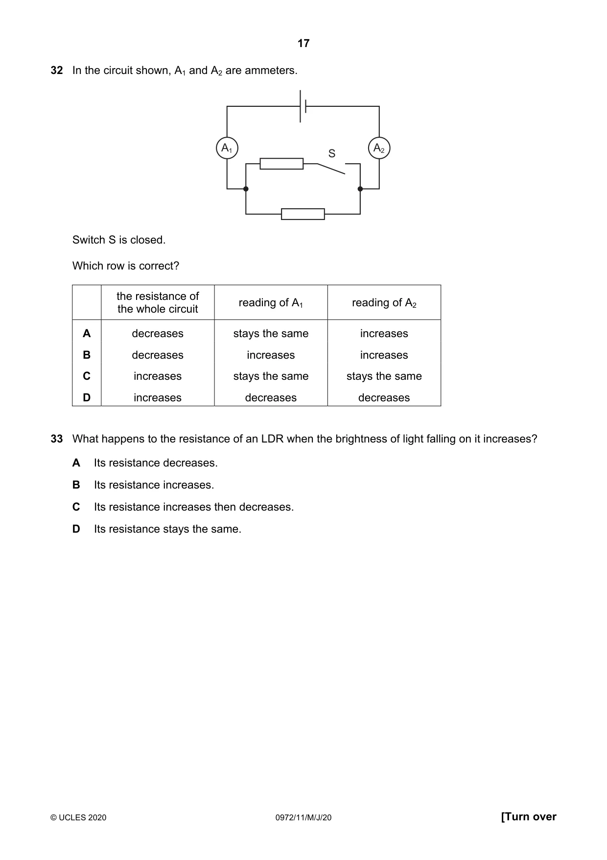 Cambridge IGCSE Physics (9-1) 0972 2020 May/June Paper 1 · Variant 1 question paper, page 17 of 20