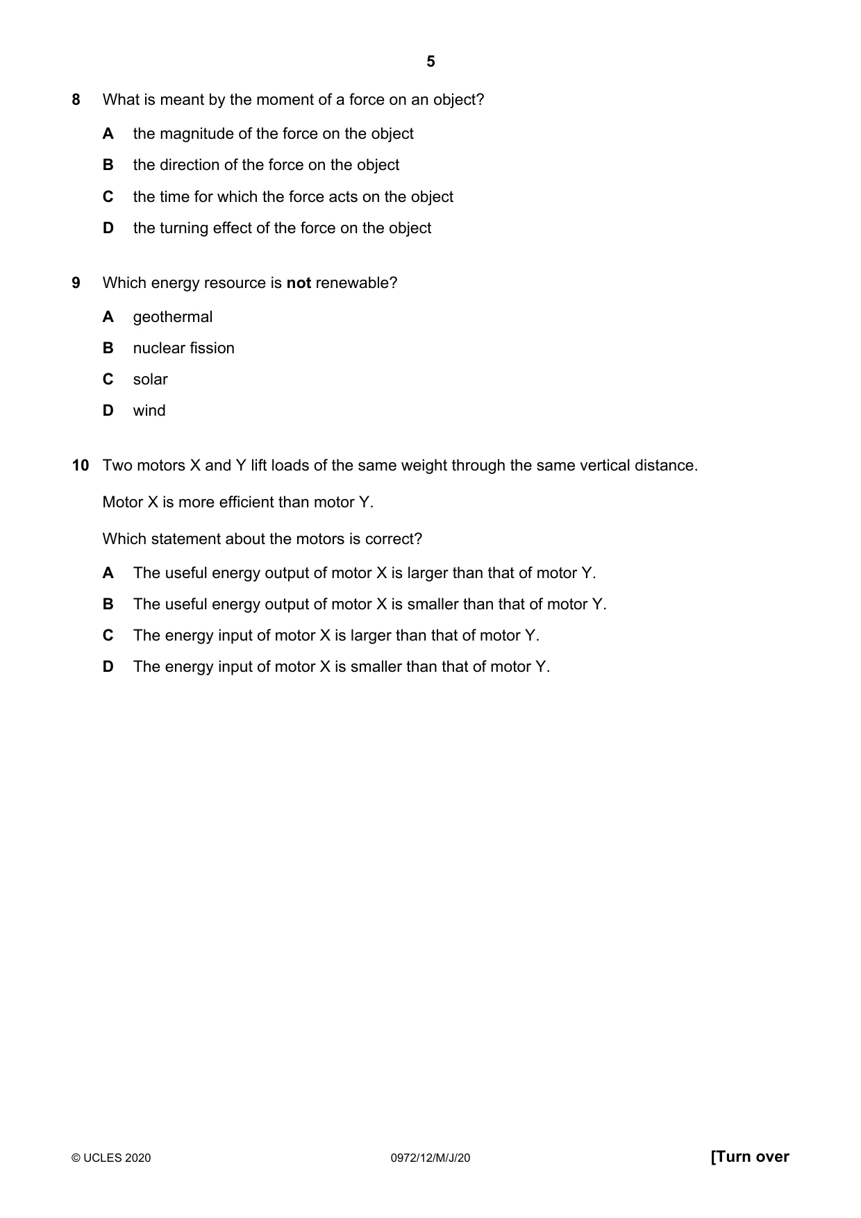 Cambridge IGCSE Physics (9-1) 0972 2020 May/June Paper 1 · Variant 2 question paper, page 5 of 20