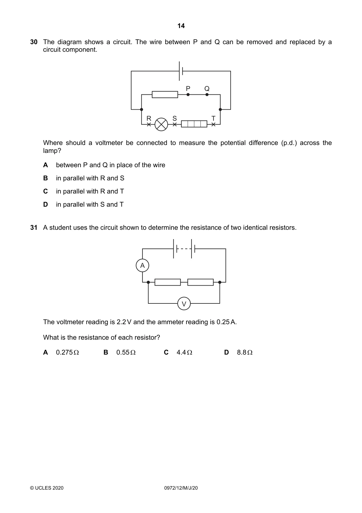 Cambridge IGCSE Physics (9-1) 0972 2020 May/June Paper 1 · Variant 2 question paper, page 14 of 20