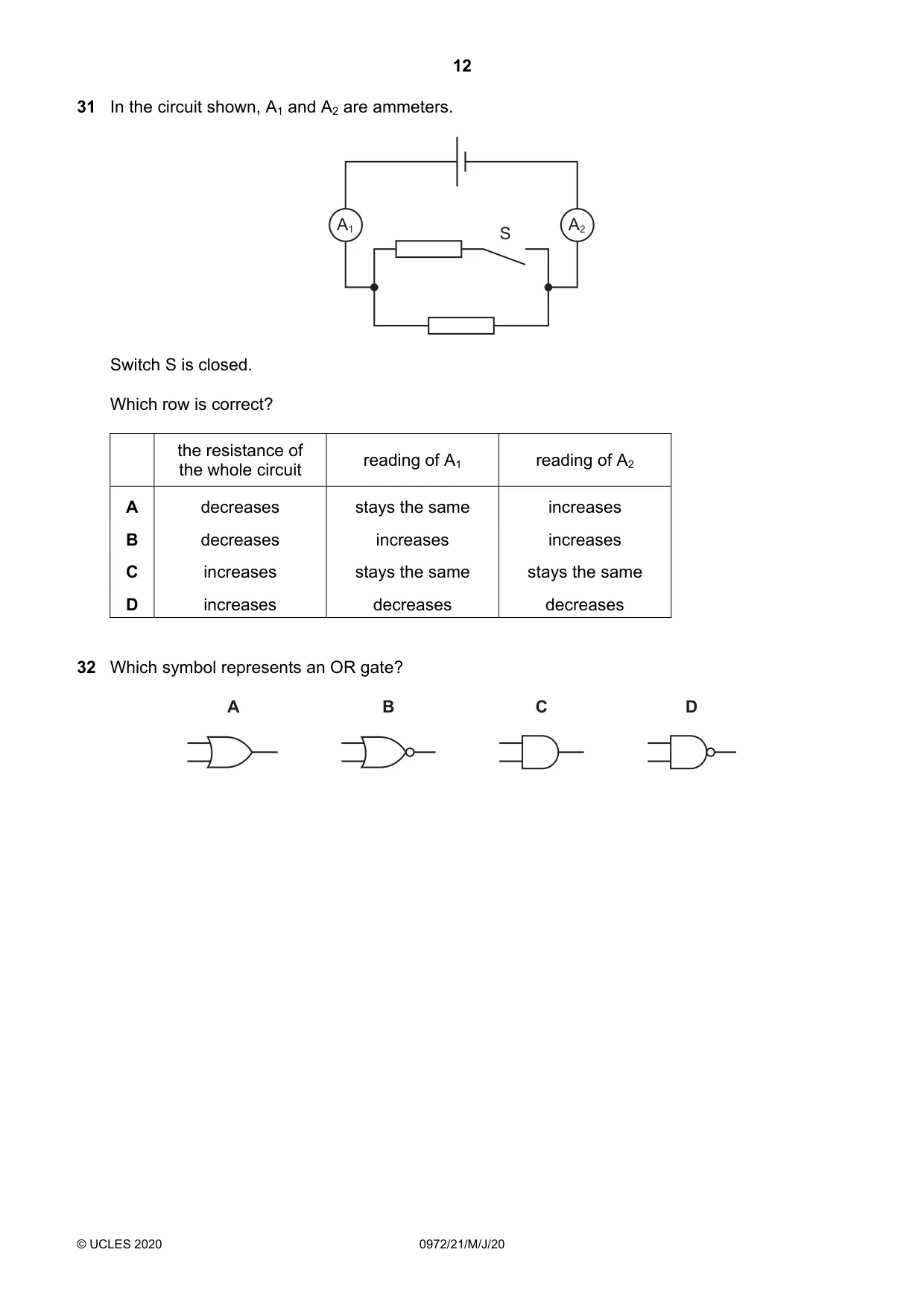 Cambridge IGCSE Physics (9-1) 0972 2020 May/June Paper 2 · Variant 1 question paper, page 12 of 16
