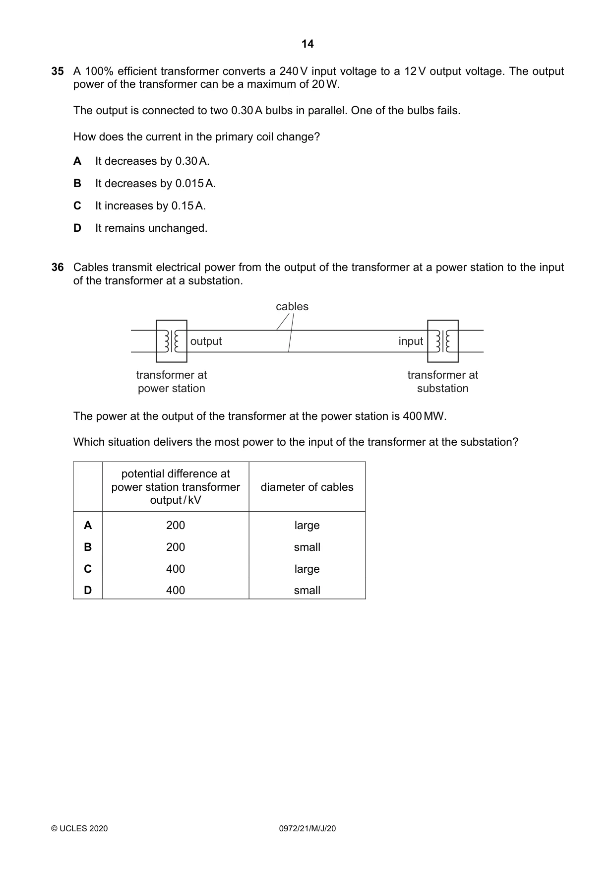 Cambridge IGCSE Physics (9-1) 0972 2020 May/June Paper 2 · Variant 1 question paper, page 14 of 16