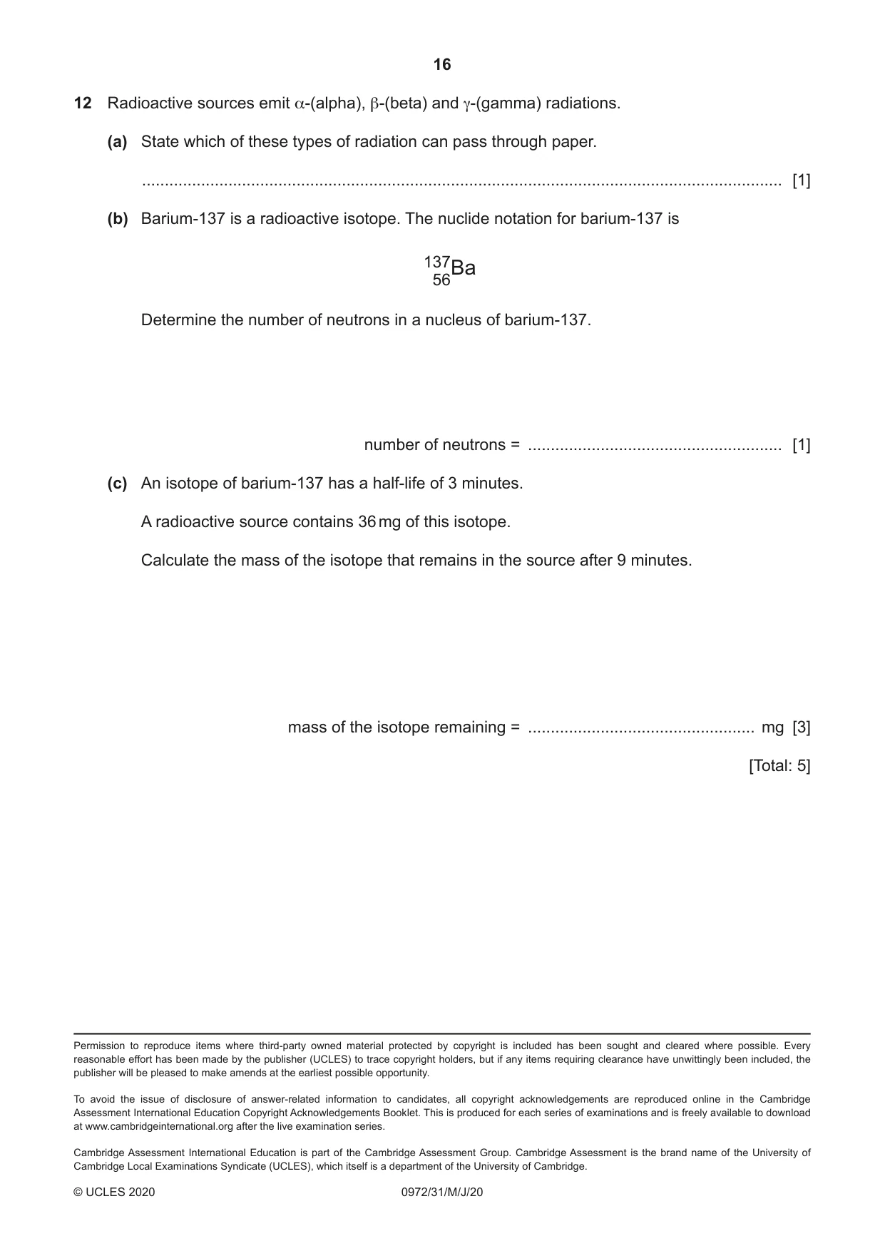 Cambridge IGCSE Physics (9-1) 0972 2020 May/June Paper 3 · Variant 1 question paper, page 16 of 16