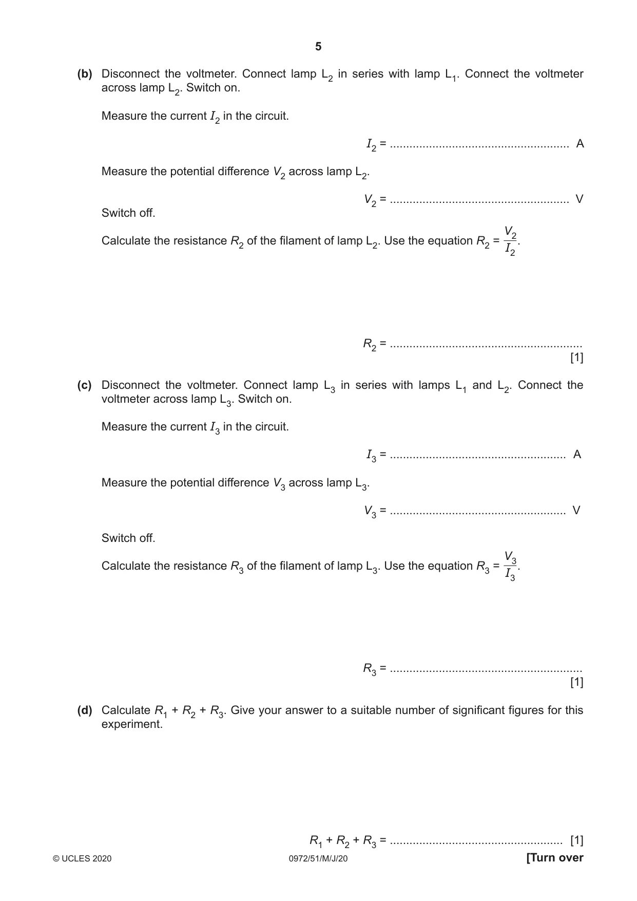 Cambridge IGCSE Physics (9-1) 0972 2020 May/June Paper 5 · Variant 1 question paper, page 5 of 12