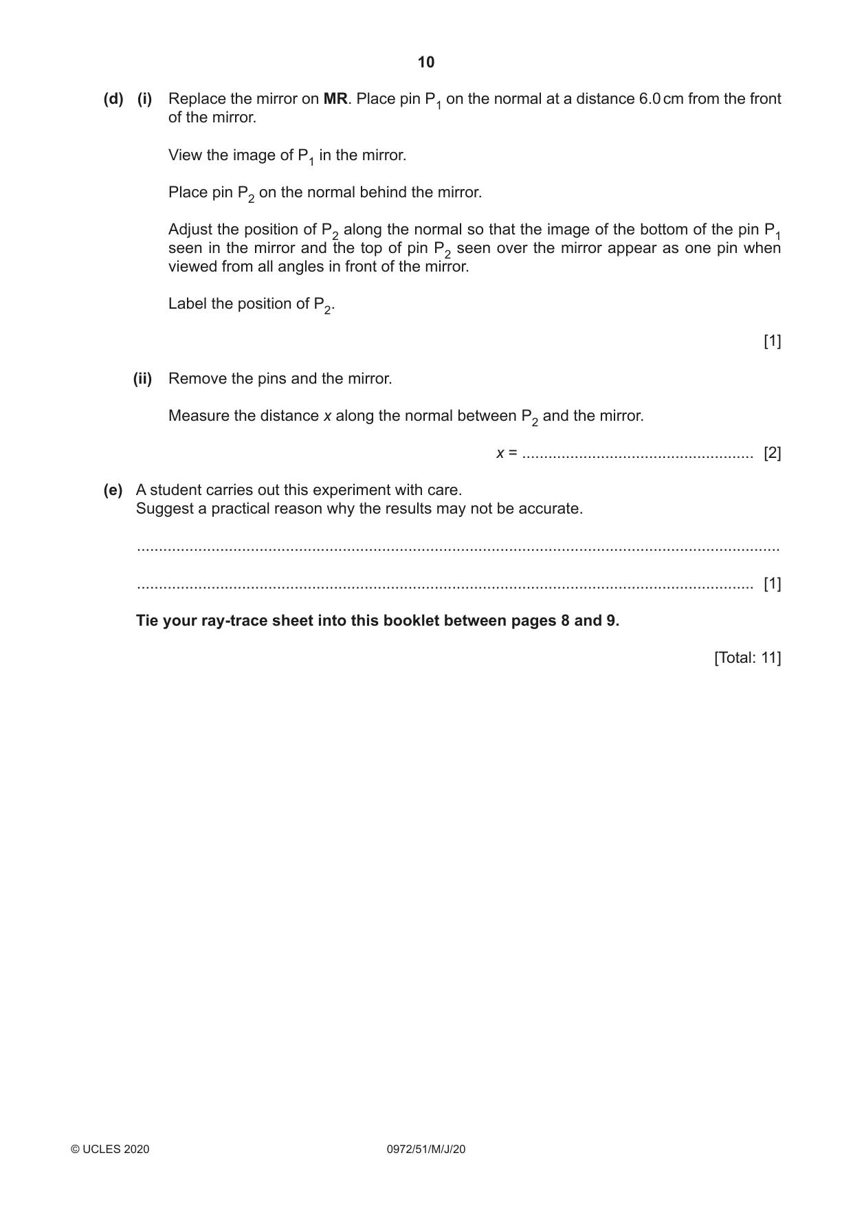 Cambridge IGCSE Physics (9-1) 0972 2020 May/June Paper 5 · Variant 1 question paper, page 10 of 12