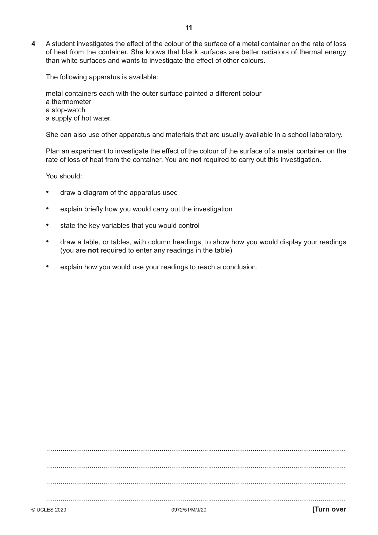 Cambridge IGCSE Physics (9-1) 0972 2020 May/June Paper 5 · Variant 1 question paper, page 11 of 12