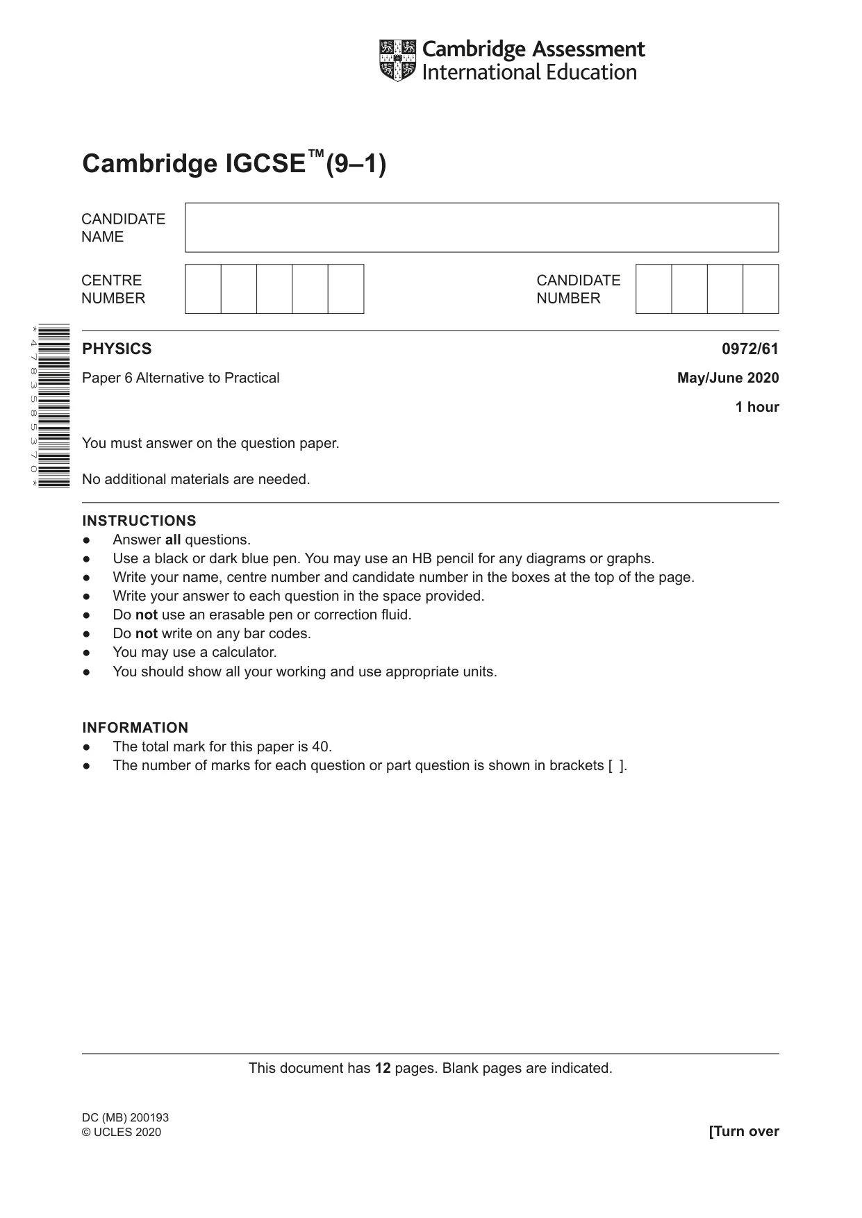 Cambridge IGCSE Physics (9-1) 0972 2020 May/June Paper 6 · Variant 1 question paper, page 1 of 12