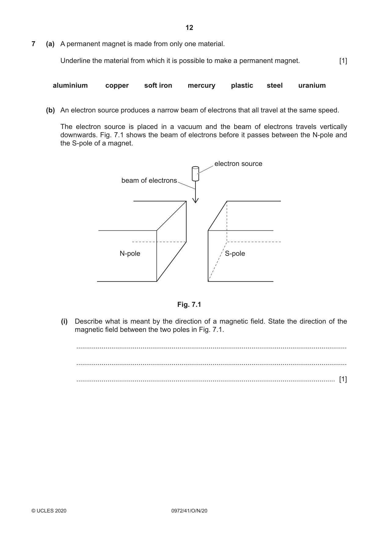 Cambridge IGCSE Physics (9-1) 0972 2020 Oct/Nov Paper 4 · Variant 1 question paper, page 12 of 20