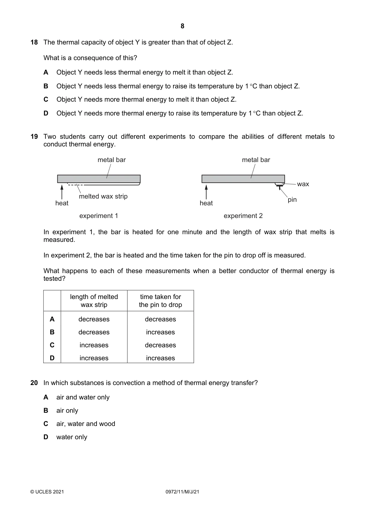 Cambridge IGCSE Physics (9-1) 0972 2021 May/June Paper 1 · Variant 1 question paper, page 8 of 16