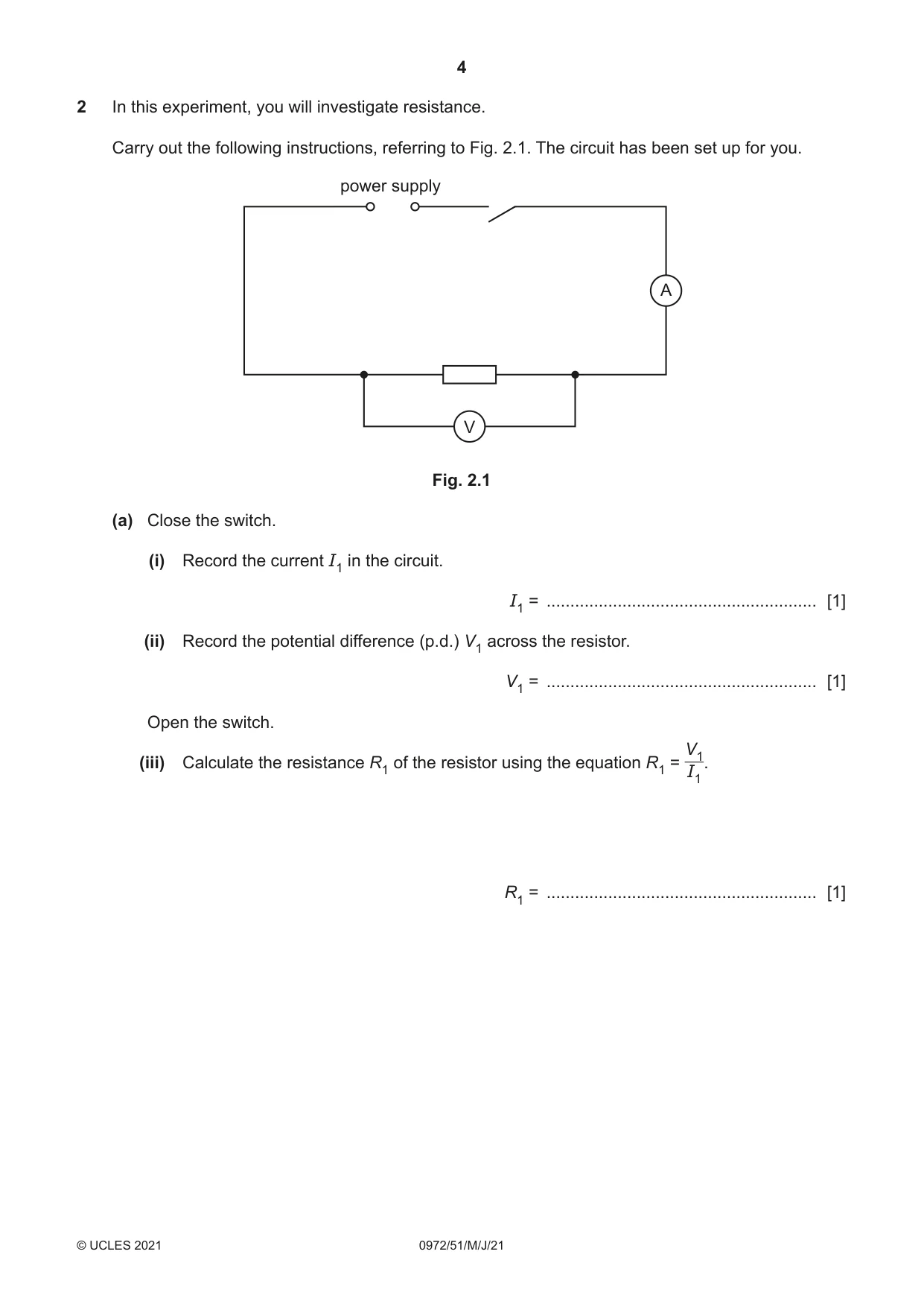 Cambridge IGCSE Physics (9-1) 0972 2021 May/June Paper 5 · Variant 1 question paper, page 4 of 12