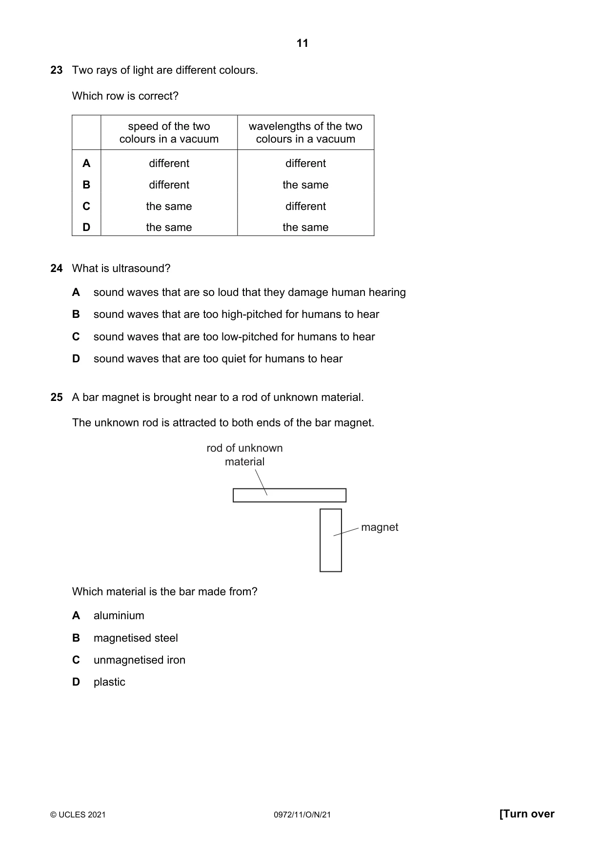 Cambridge IGCSE Physics (9-1) 0972 2021 Oct/Nov Paper 1 · Variant 1 question paper, page 11 of 20