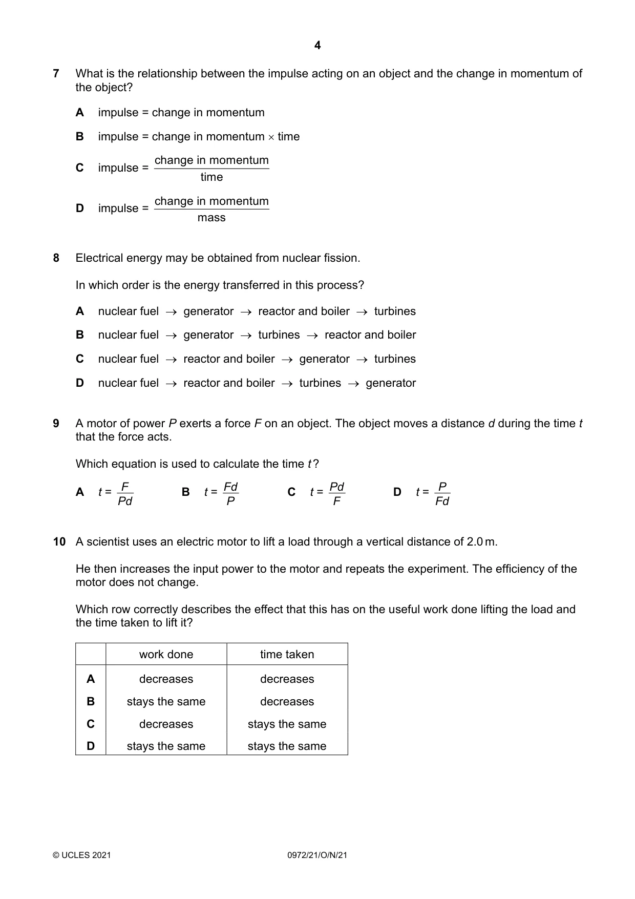 Cambridge IGCSE Physics (9-1) 0972 2021 Oct/Nov Paper 2 · Variant 1 question paper, page 4 of 16