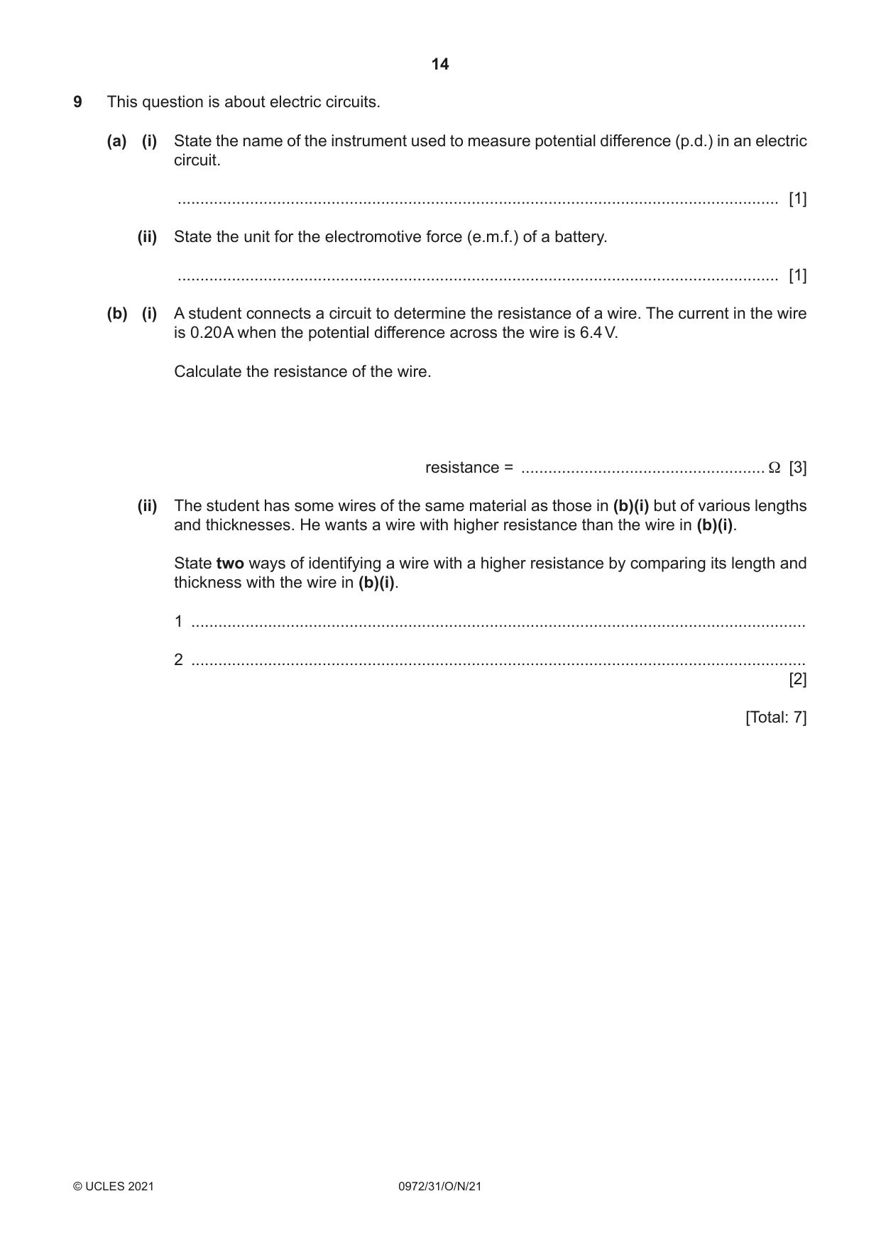 Cambridge IGCSE Physics (9-1) 0972 2021 Oct/Nov Paper 3 · Variant 1 question paper, page 14 of 16
