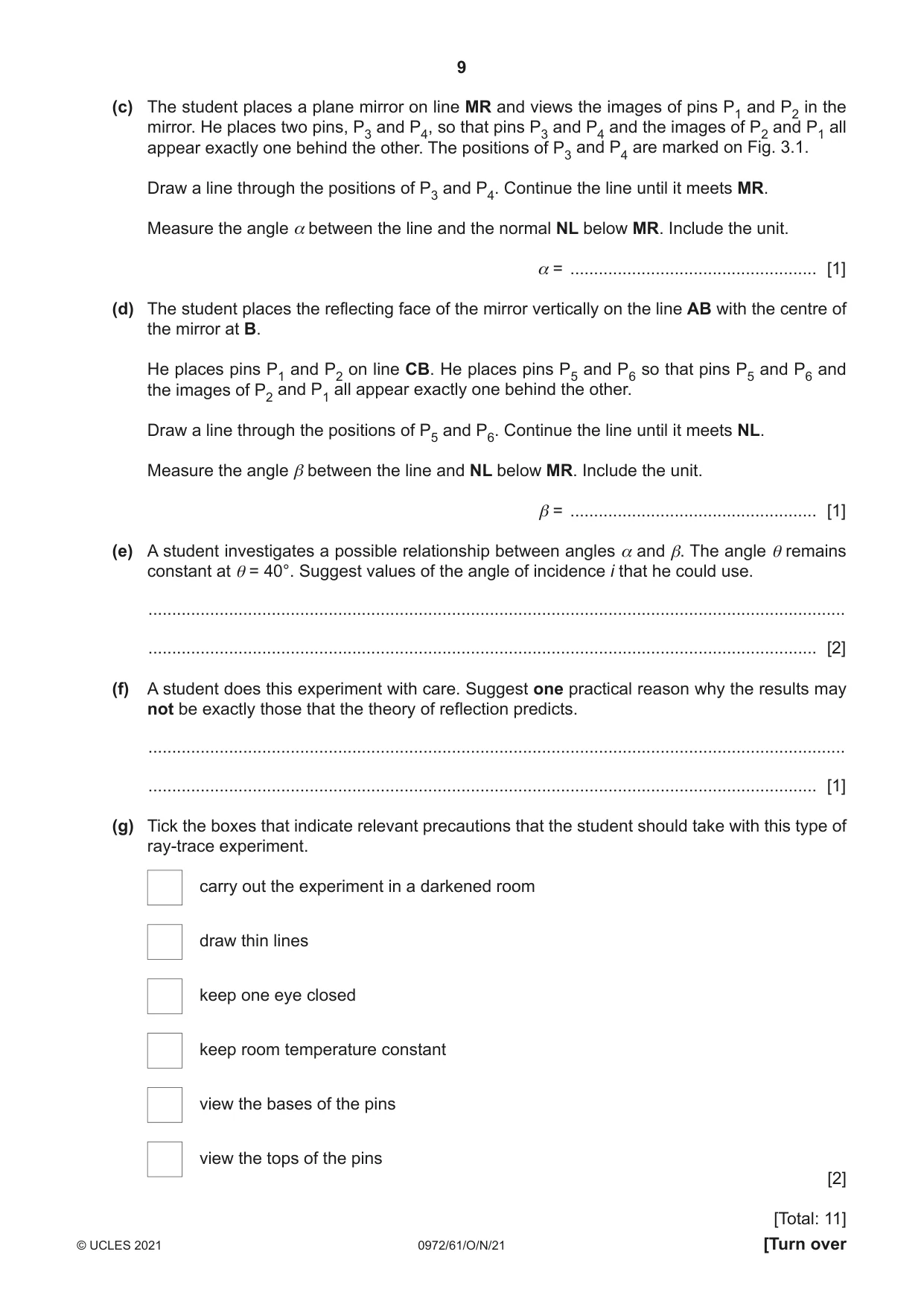 Cambridge IGCSE Physics (9-1) 0972 2021 Oct/Nov Paper 6 · Variant 1 question paper, page 9 of 12