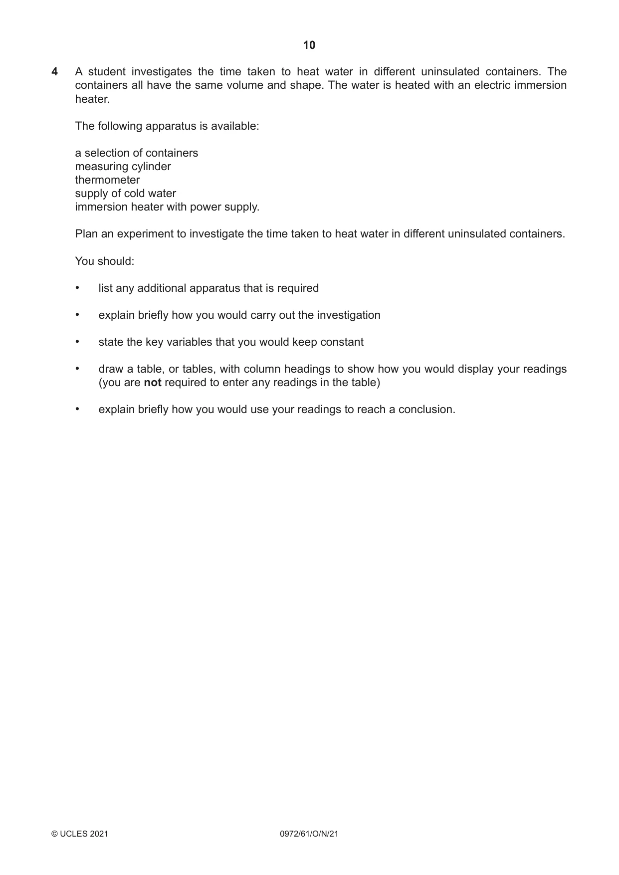 Cambridge IGCSE Physics (9-1) 0972 2021 Oct/Nov Paper 6 · Variant 1 question paper, page 10 of 12