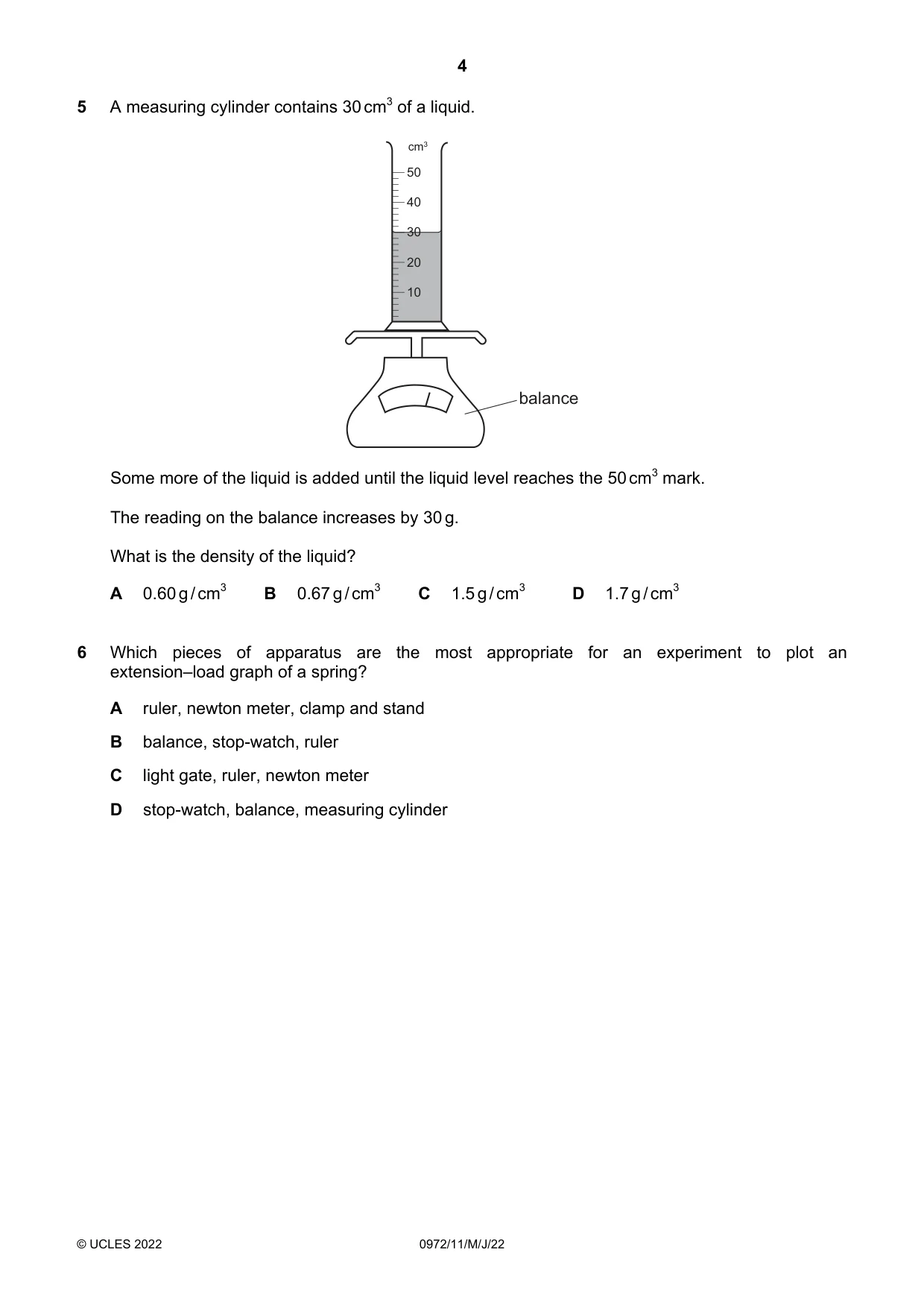 Cambridge IGCSE Physics (9-1) 0972 2022 May/June Paper 1 · Variant 1 question paper, page 4 of 20