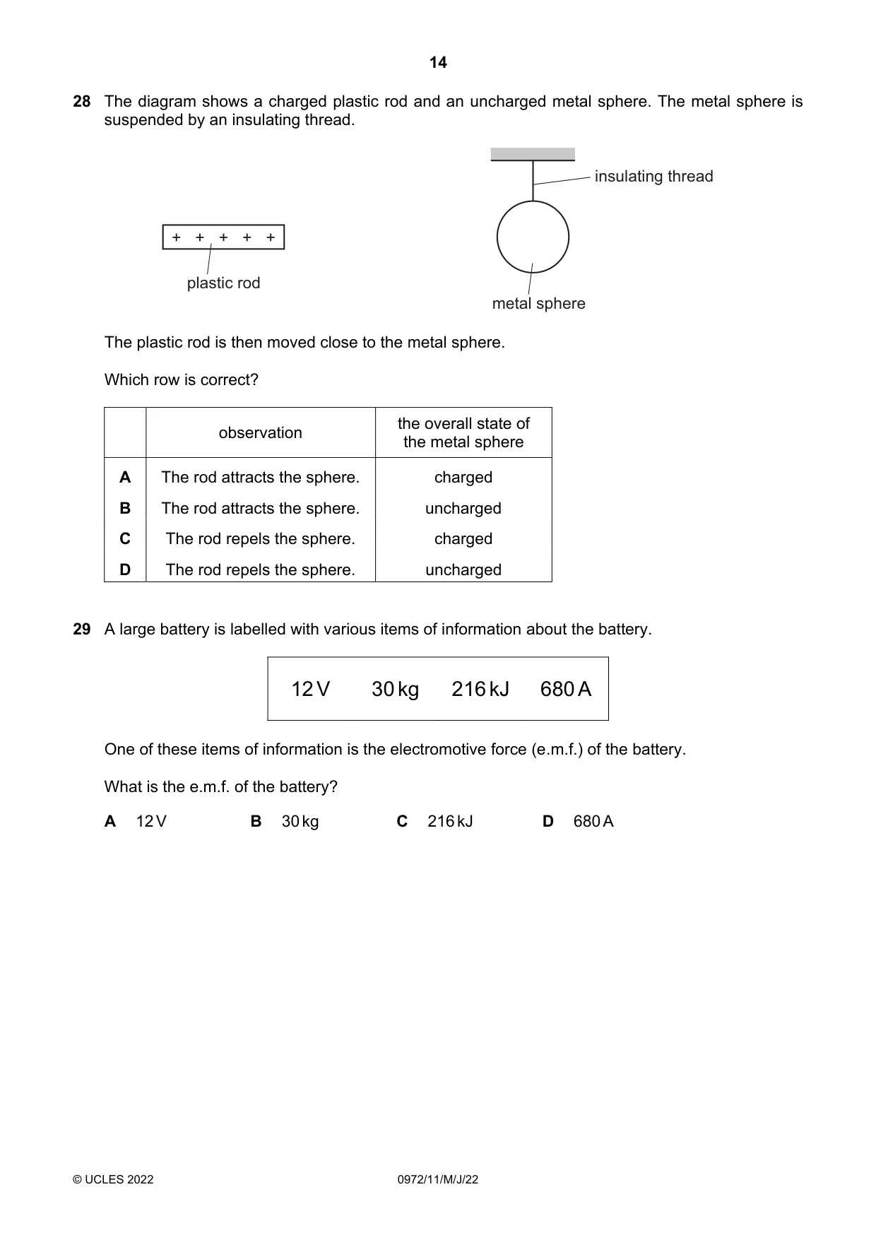 Cambridge IGCSE Physics (9-1) 0972 2022 May/June Paper 1 · Variant 1 question paper, page 14 of 20