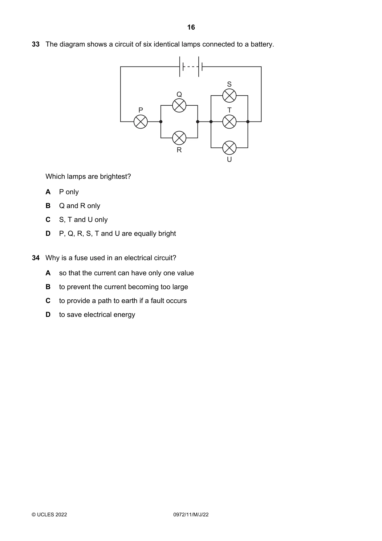 Cambridge IGCSE Physics (9-1) 0972 2022 May/June Paper 1 · Variant 1 question paper, page 16 of 20