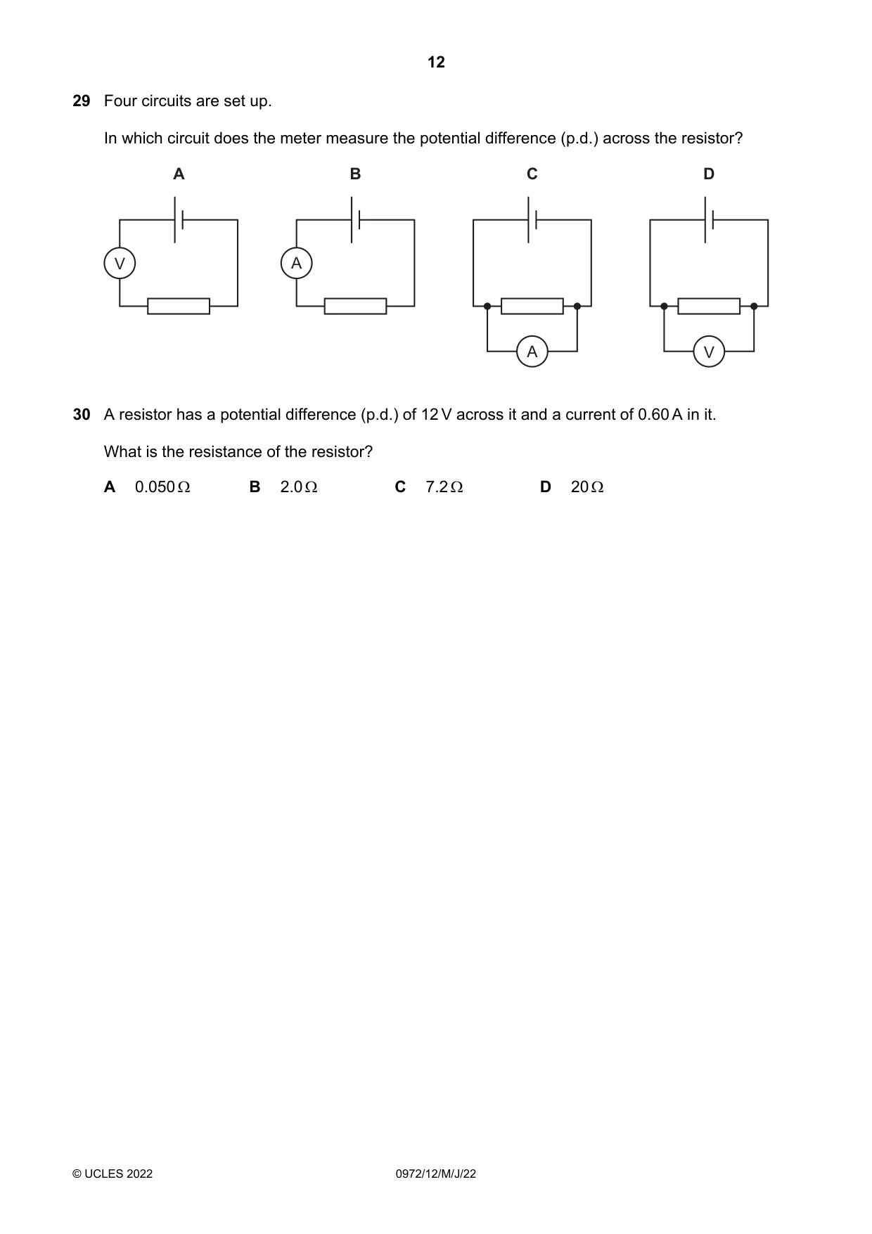 Cambridge IGCSE Physics (9-1) 0972 2022 May/June Paper 1 · Variant 2 question paper, page 12 of 16