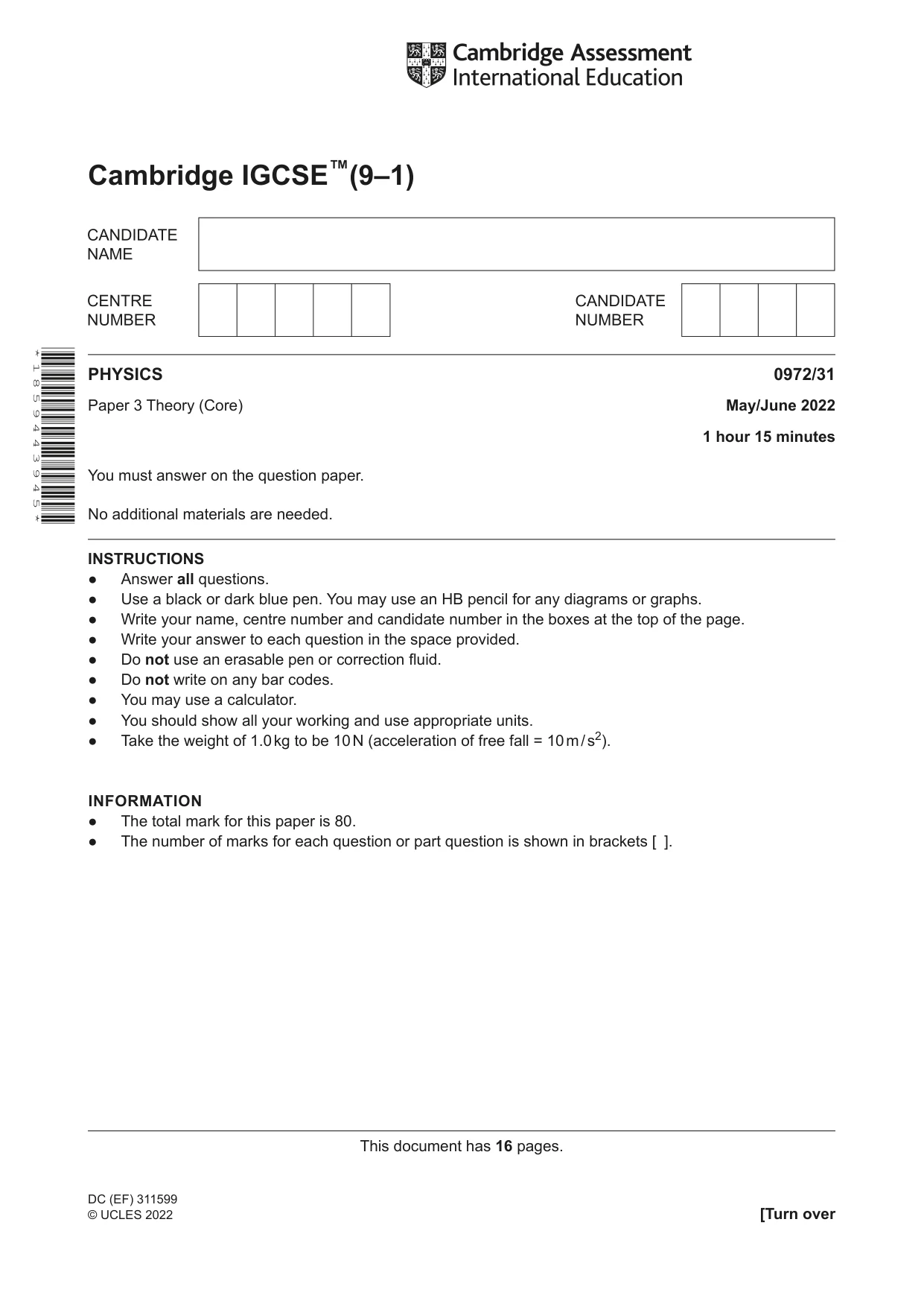Cambridge IGCSE Physics (9-1) 0972 2022 May/June Paper 3 · Variant 1 question paper, page 1 of 16