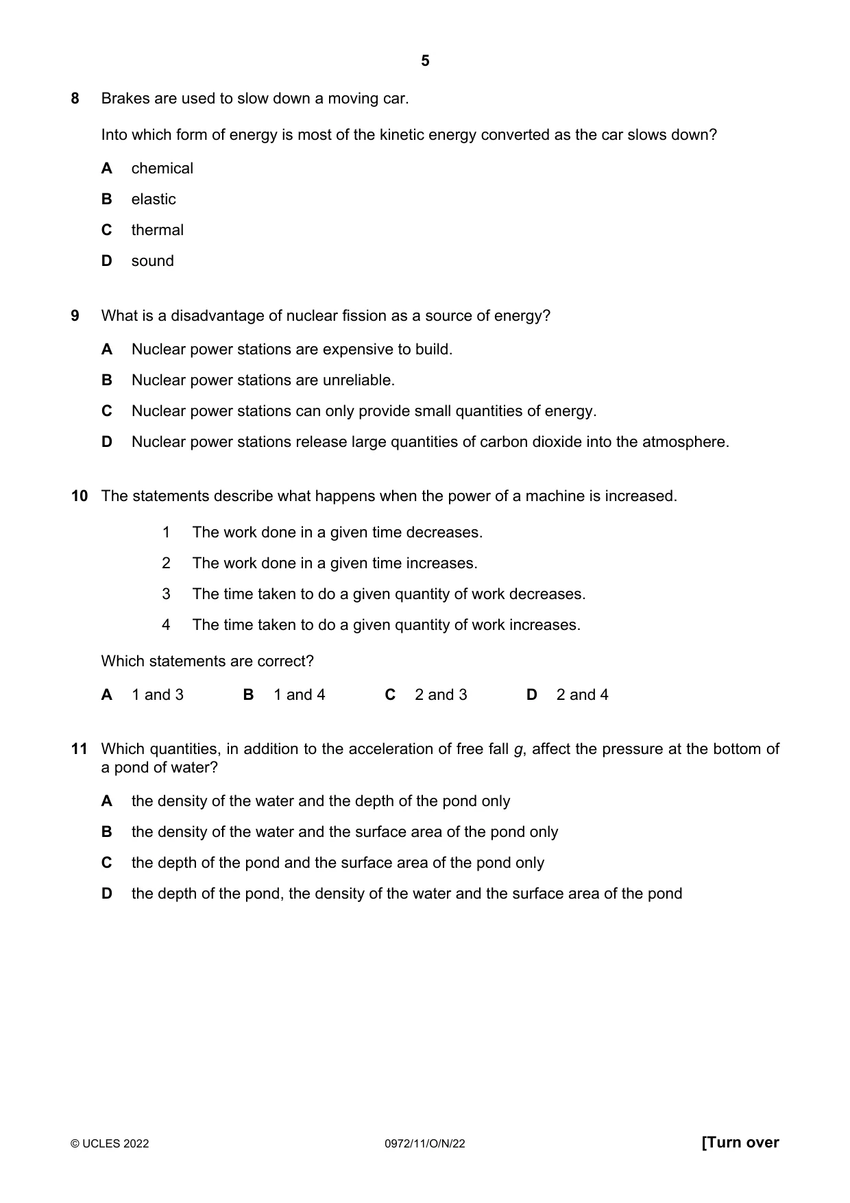 Cambridge IGCSE Physics (9-1) 0972 2022 Oct/Nov Paper 1 · Variant 1 question paper, page 5 of 16