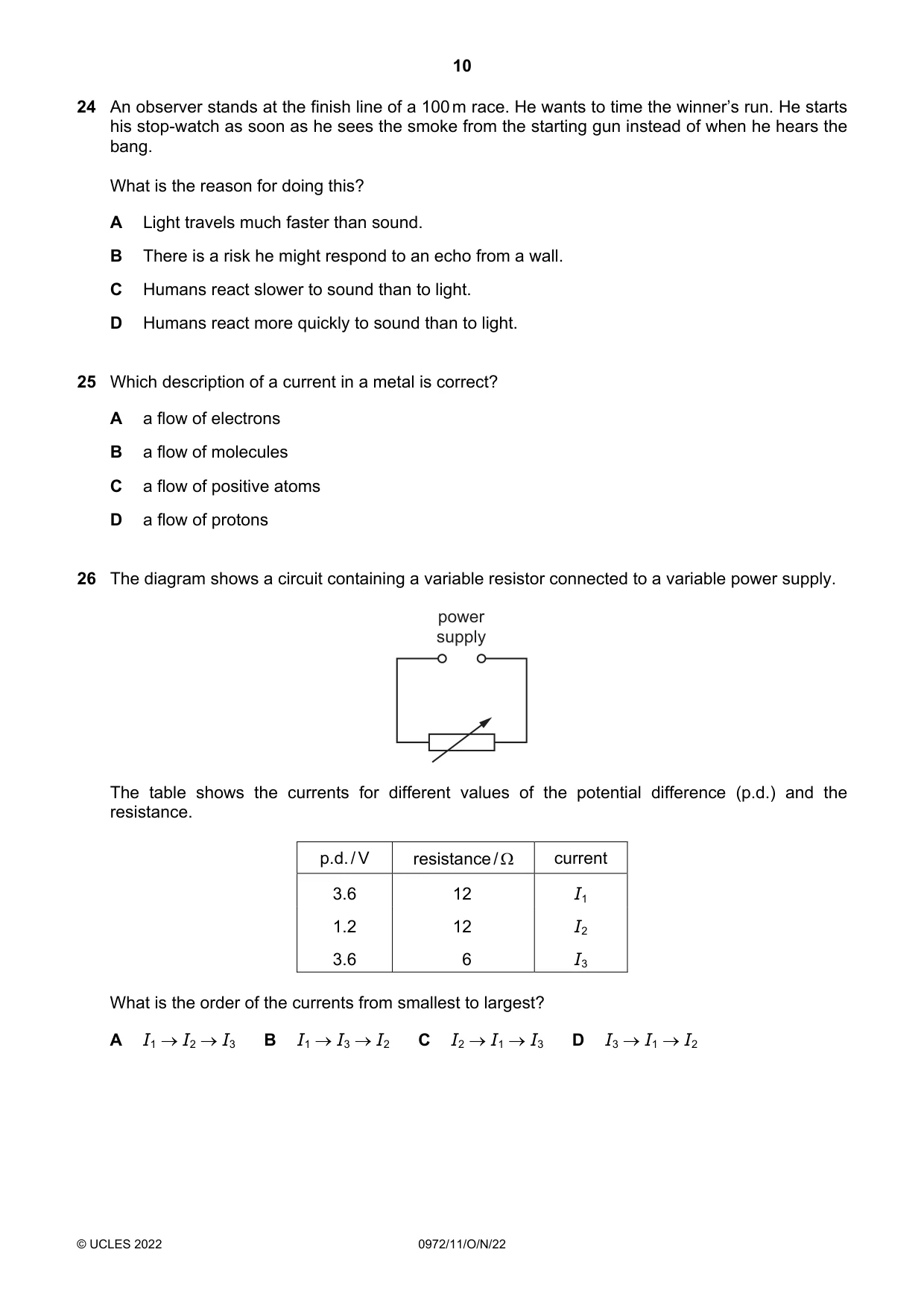 Cambridge IGCSE Physics (9-1) 0972 2022 Oct/Nov Paper 1 · Variant 1 question paper, page 10 of 16