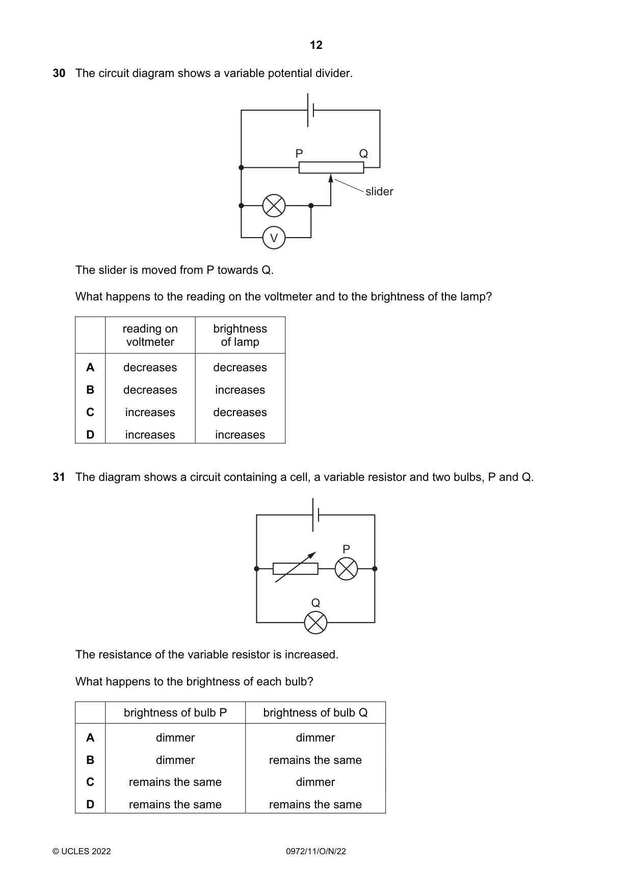 Cambridge IGCSE Physics (9-1) 0972 2022 Oct/Nov Paper 1 · Variant 1 question paper, page 12 of 16