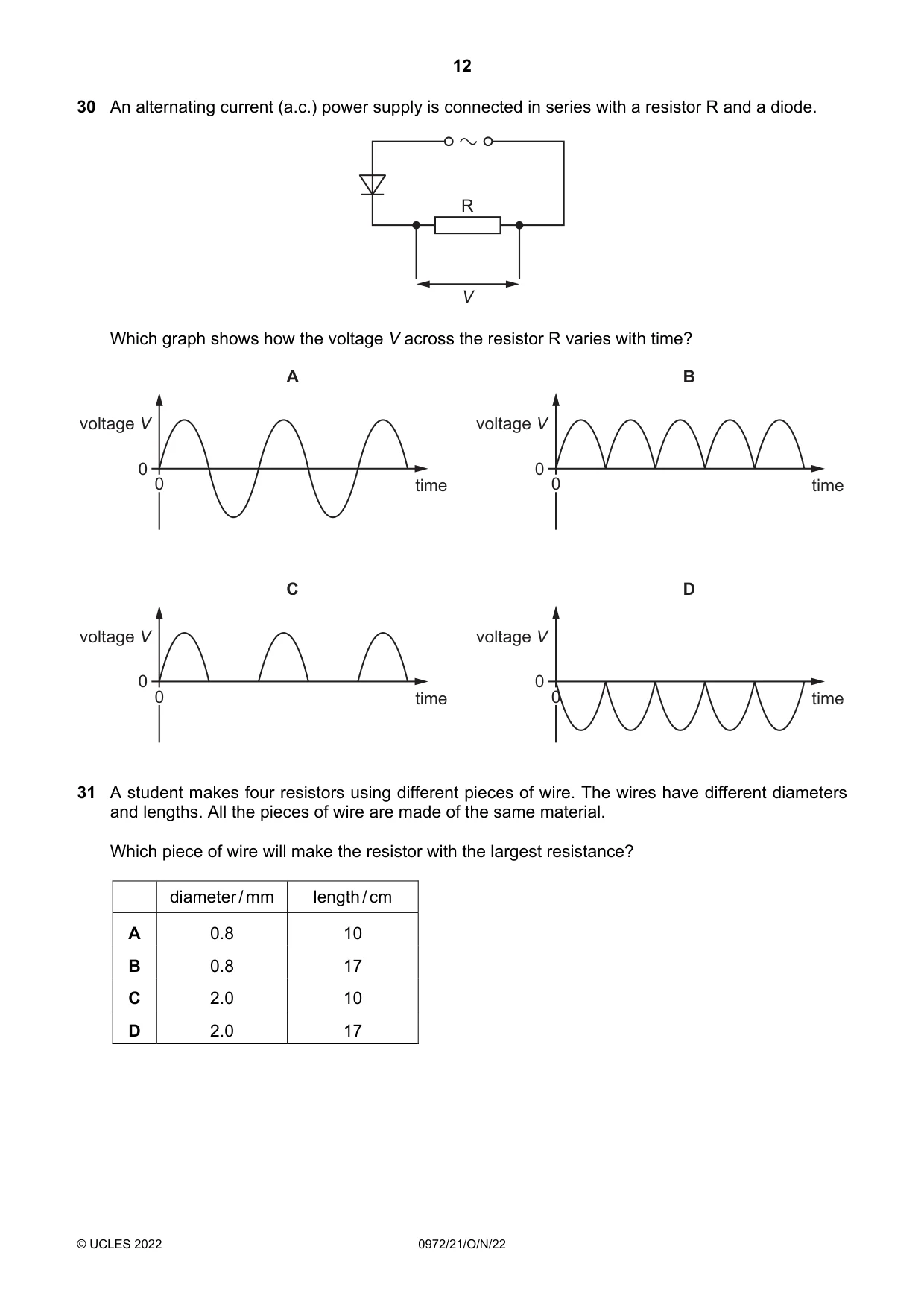 Cambridge IGCSE Physics (9-1) 0972 2022 Oct/Nov Paper 2 · Variant 1 question paper, page 12 of 16