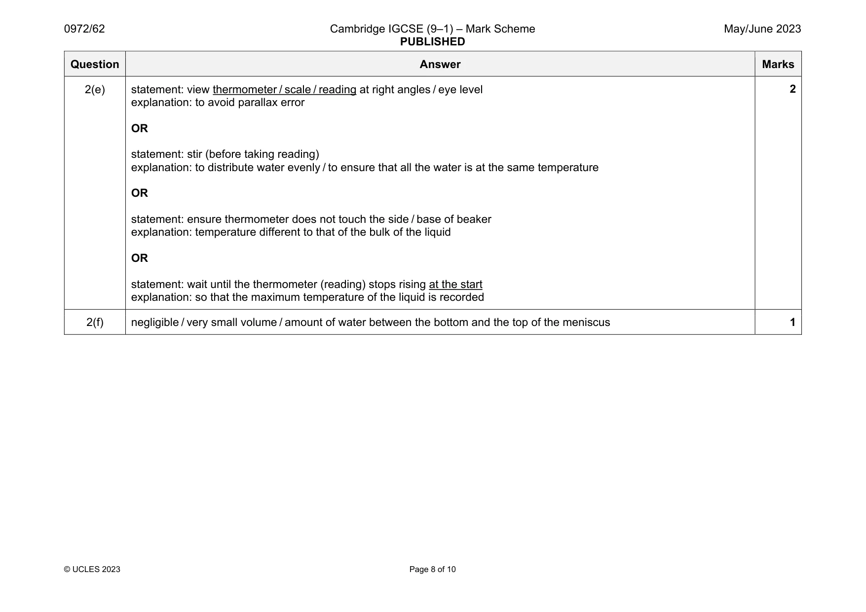 Mark scheme, page 8 of 10