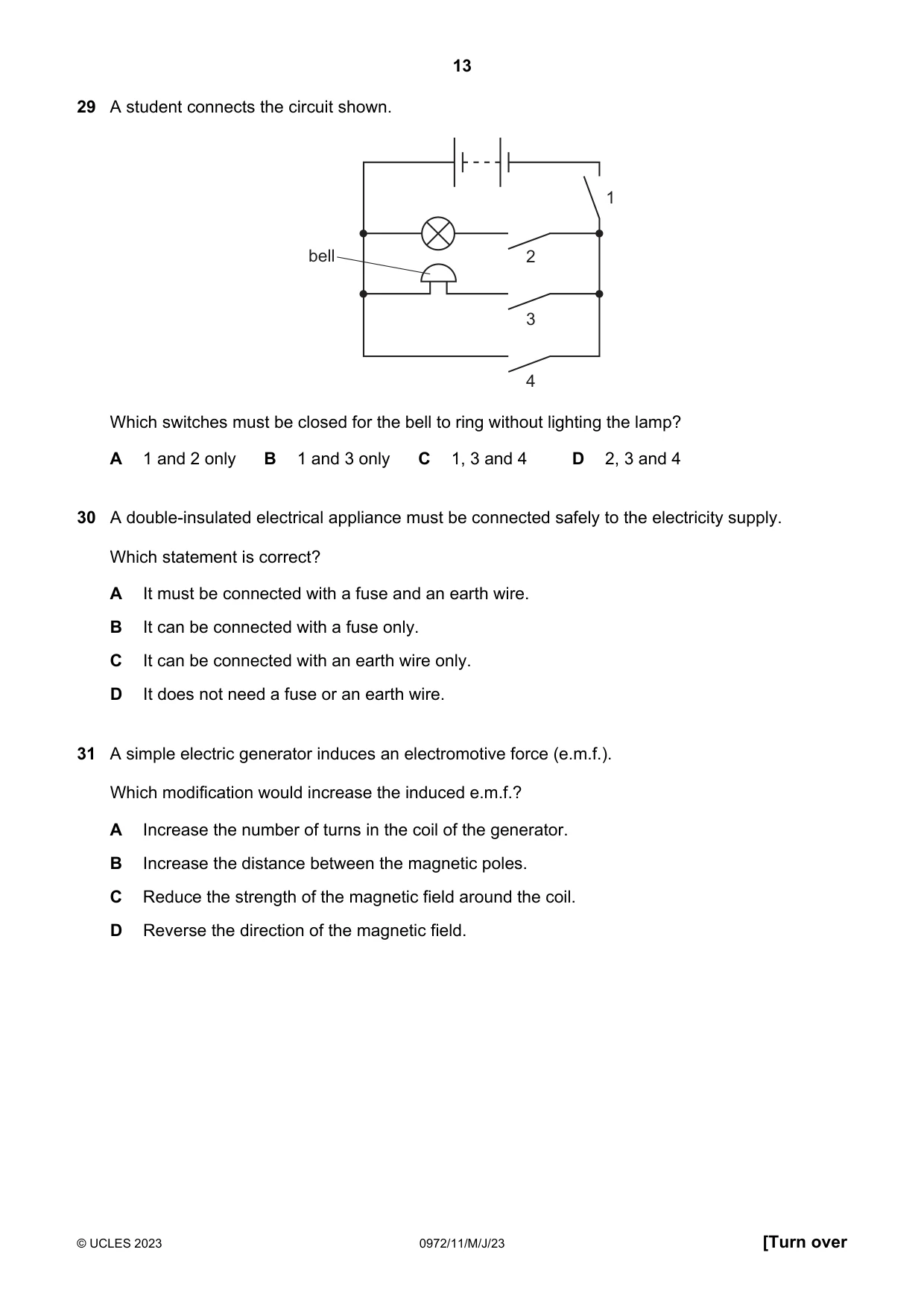 Cambridge IGCSE Physics (9-1) 0972 2023 May/June Paper 1 · Variant 1 question paper, page 13 of 16