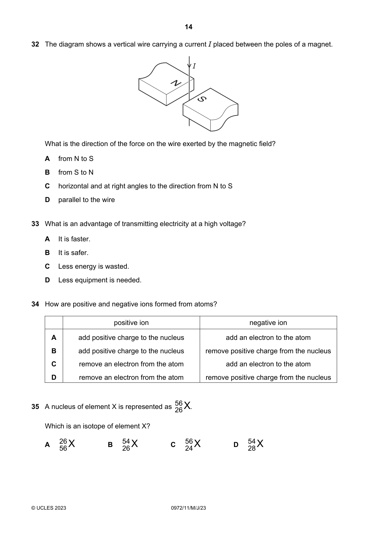 Cambridge IGCSE Physics (9-1) 0972 2023 May/June Paper 1 · Variant 1 question paper, page 14 of 16