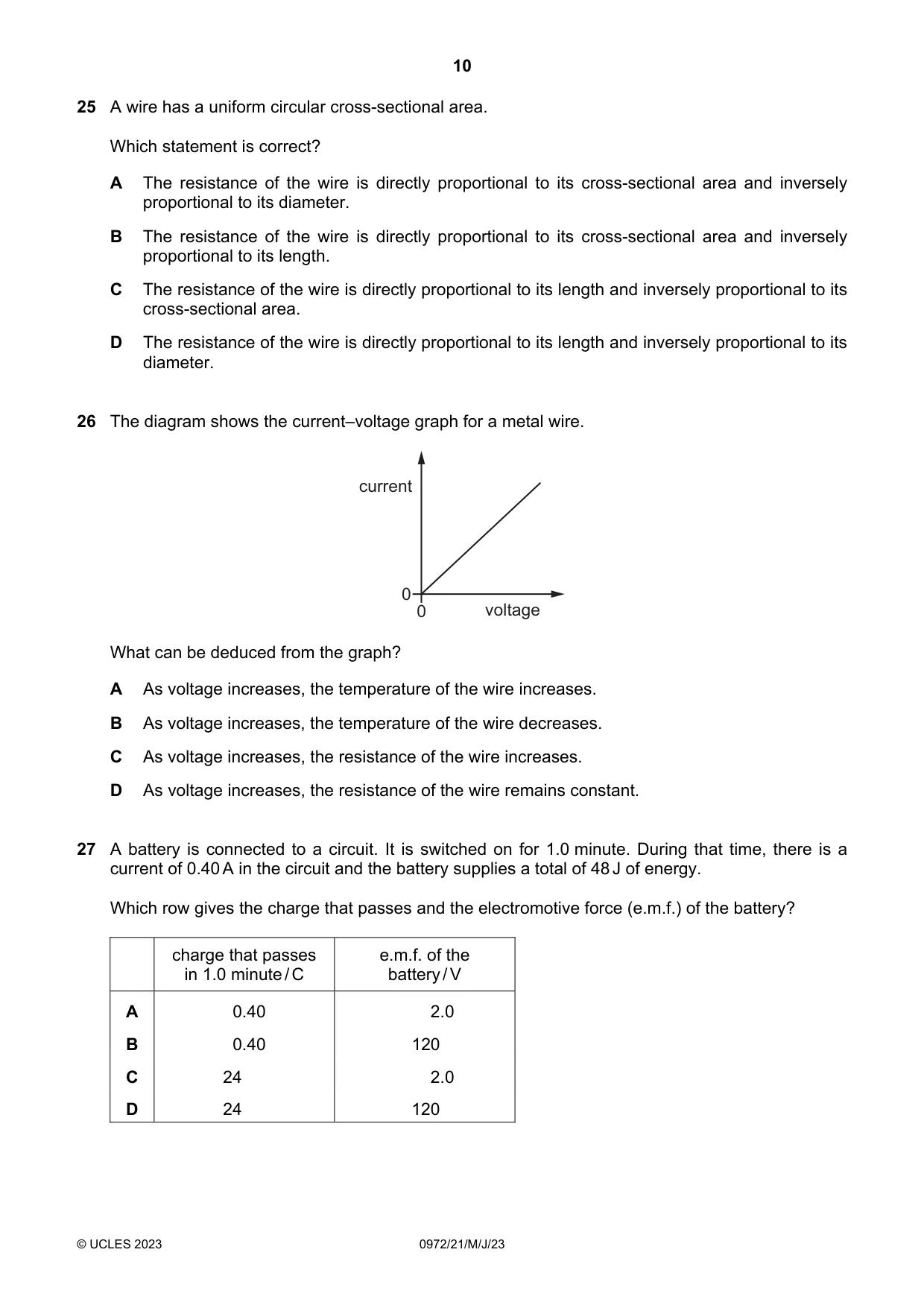 Cambridge IGCSE Physics (9-1) 0972 2023 May/June Paper 2 · Variant 1 question paper, page 10 of 16