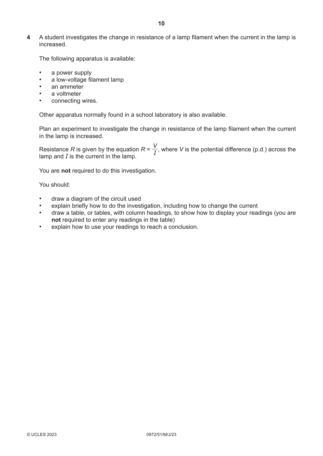 Cambridge IGCSE Physics (9-1) 0972 2023 May/June Paper 5 · Variant 1 question paper, page 10 of 12
