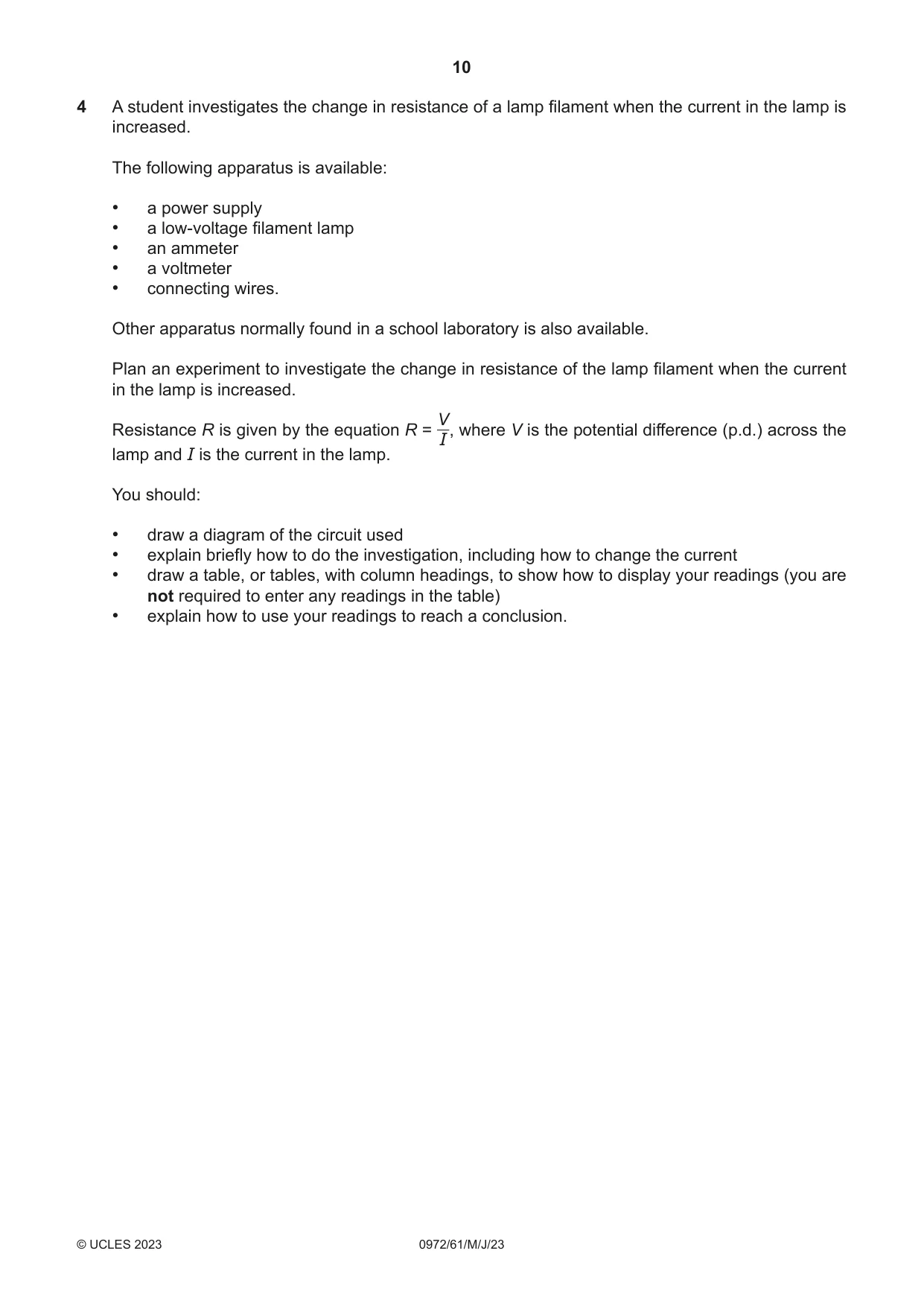 Cambridge IGCSE Physics (9-1) 0972 2023 May/June Paper 6 · Variant 1 question paper, page 10 of 12