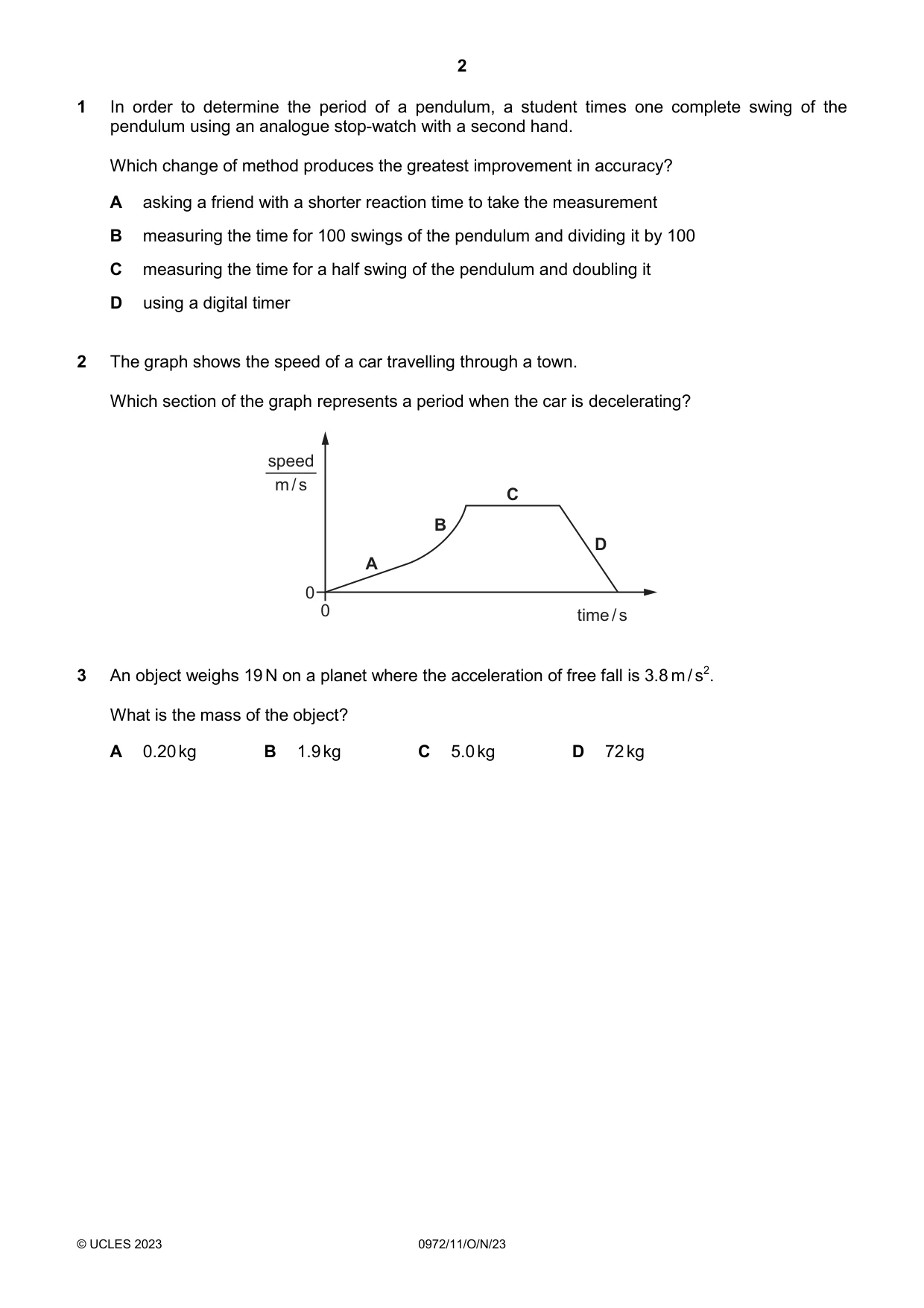 Cambridge IGCSE Physics (9-1) 0972 2023 Oct/Nov Paper 1 · Variant 1 question paper, page 2 of 16
