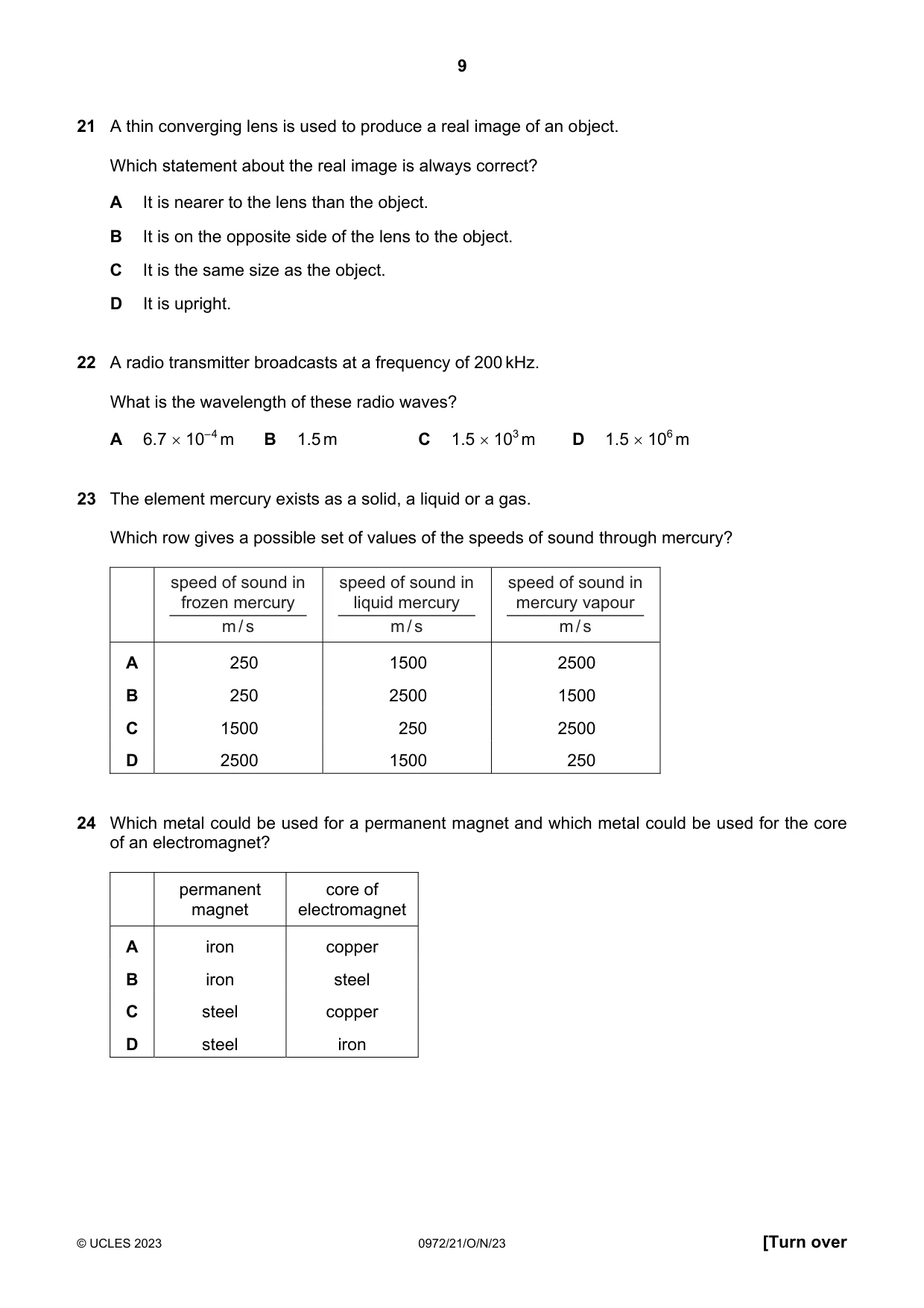 Cambridge IGCSE Physics (9-1) 0972 2023 Oct/Nov Paper 2 · Variant 1 question paper, page 9 of 16