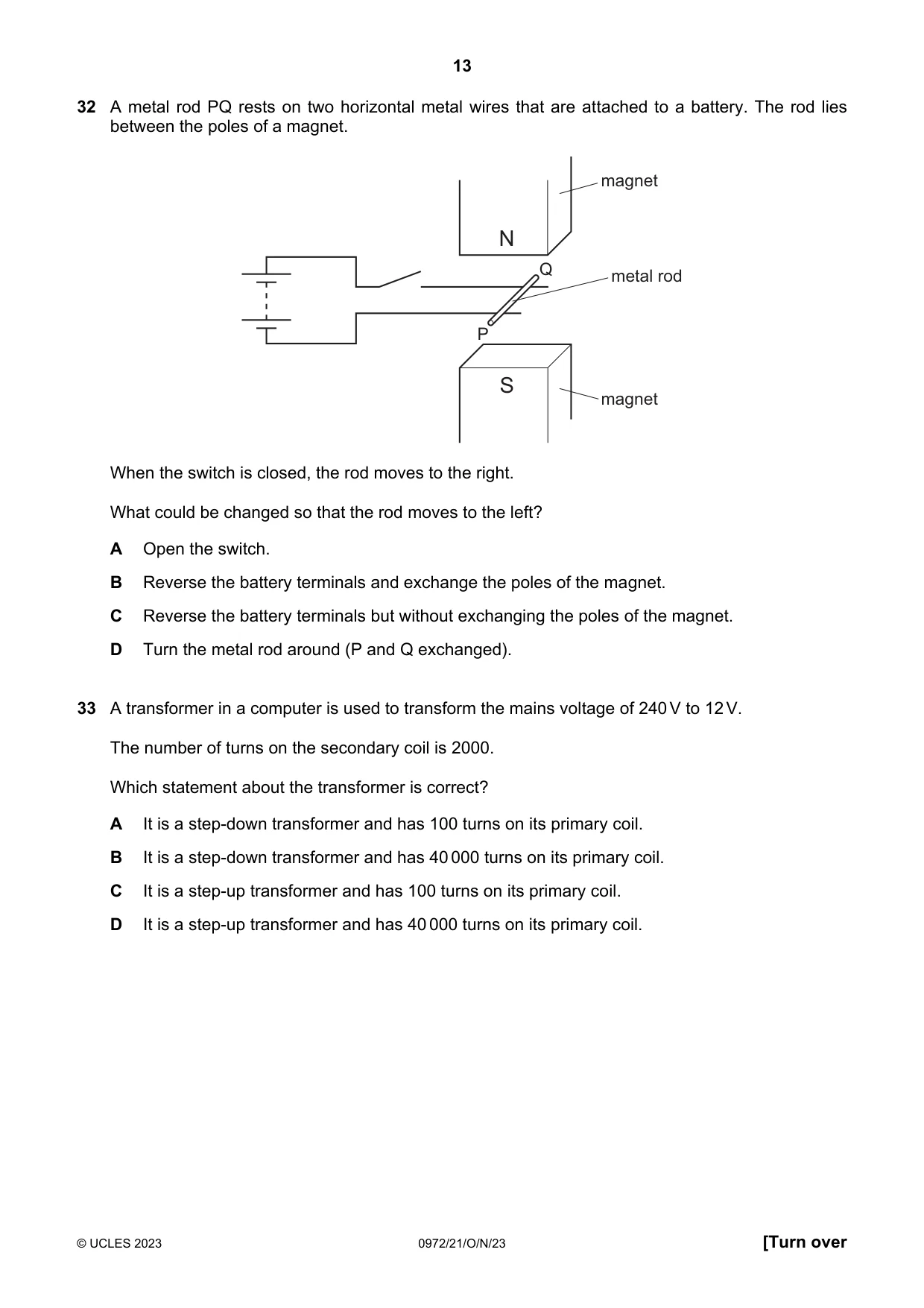 Cambridge IGCSE Physics (9-1) 0972 2023 Oct/Nov Paper 2 · Variant 1 question paper, page 13 of 16