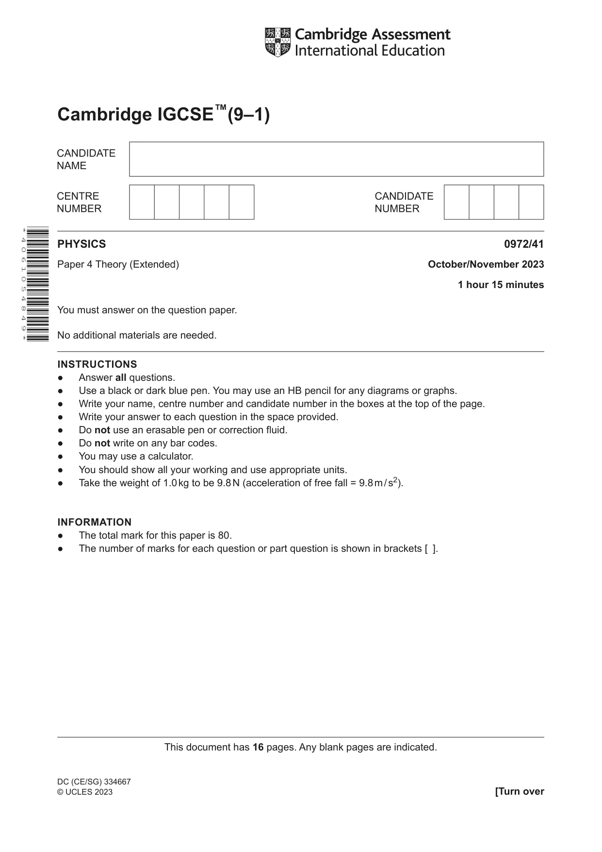 Cambridge IGCSE Physics (9-1) 0972 2023 Oct/Nov Paper 4 · Variant 1 question paper, page 1 of 16