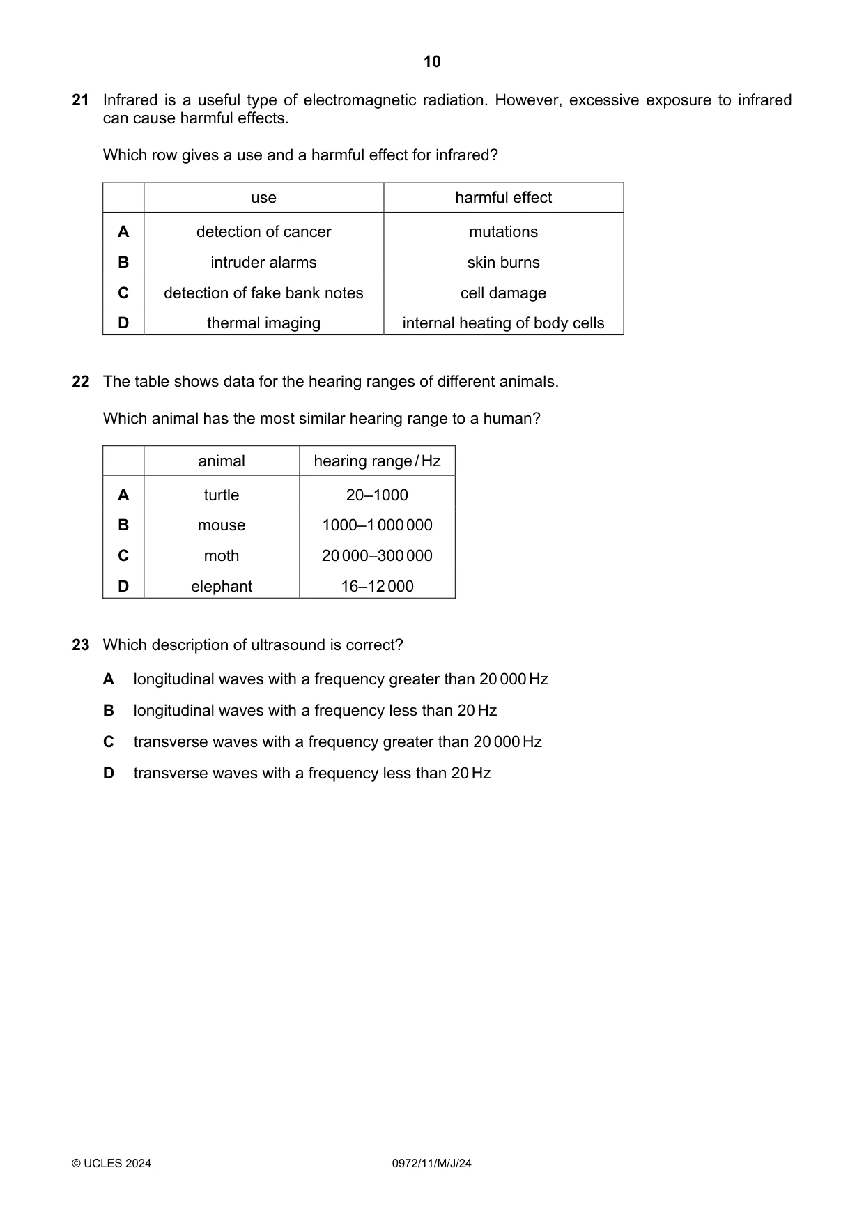 Cambridge IGCSE Physics (9-1) 0972 2024 May/June Paper 1 · Variant 1 question paper, page 10 of 16