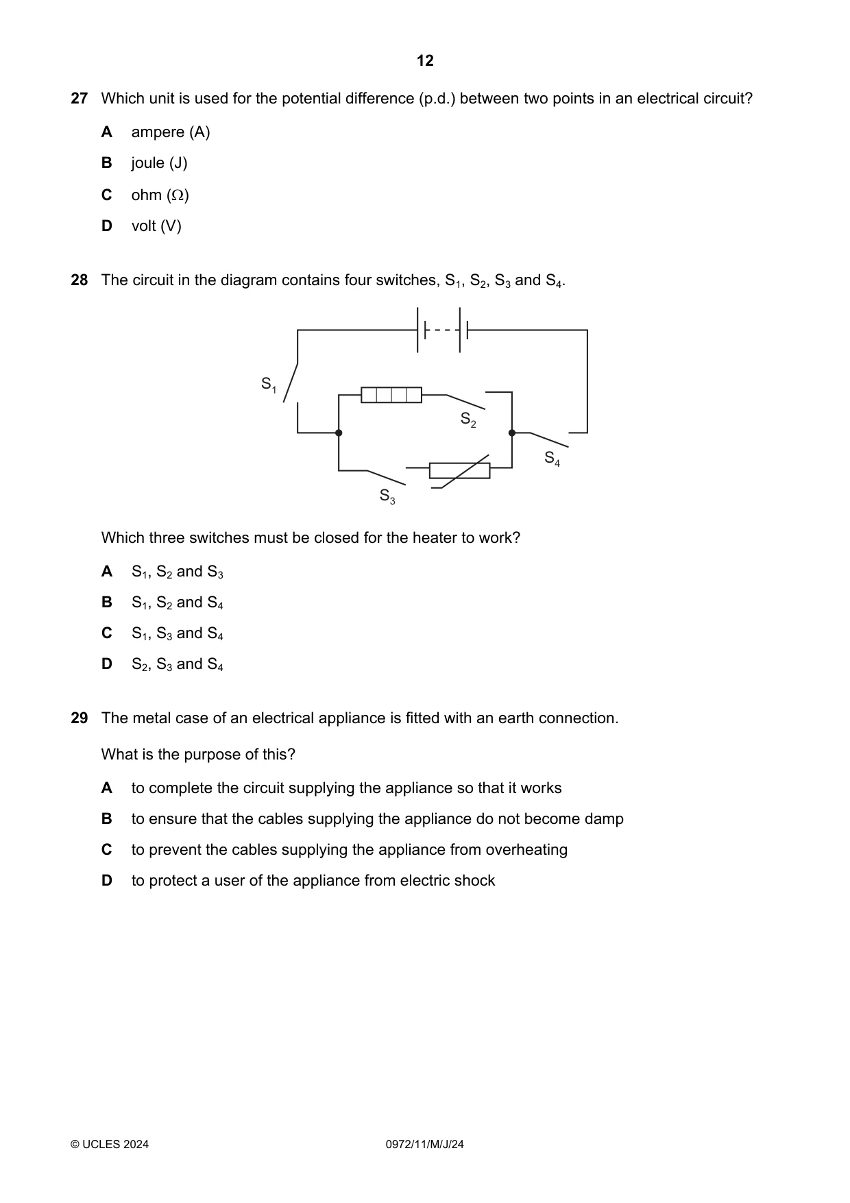 Cambridge IGCSE Physics (9-1) 0972 2024 May/June Paper 1 · Variant 1 question paper, page 12 of 16