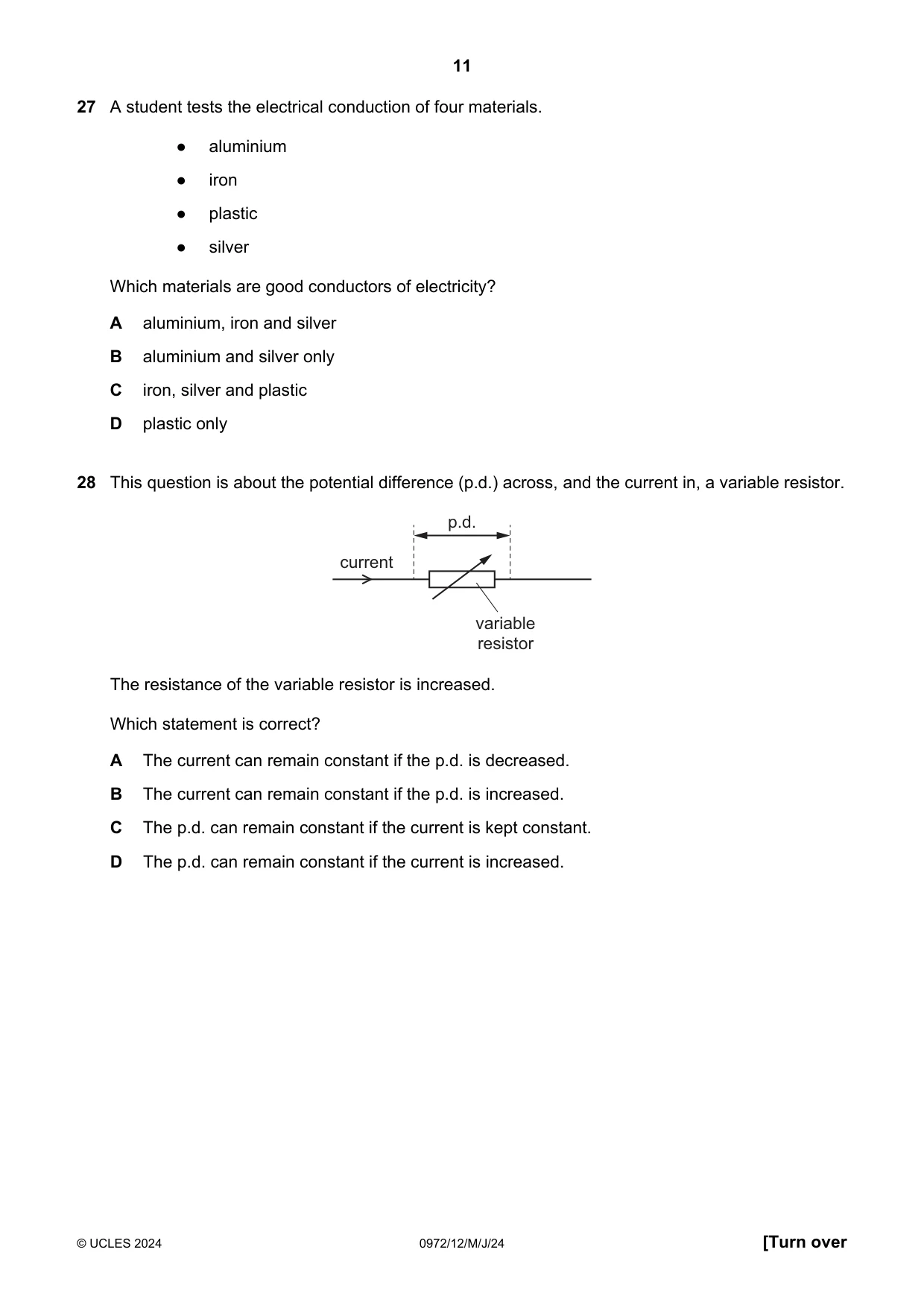Cambridge IGCSE Physics (9-1) 0972 2024 May/June Paper 1 · Variant 2 question paper, page 11 of 16