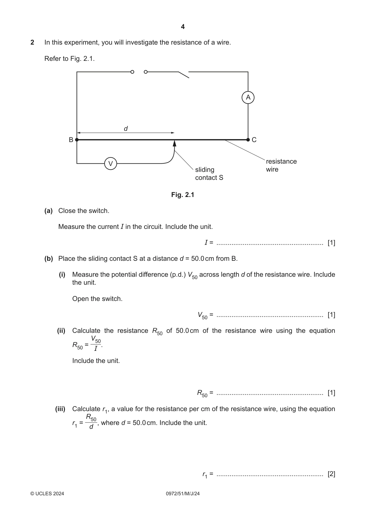Cambridge IGCSE Physics (9-1) 0972 2024 May/June Paper 5 · Variant 1 question paper, page 4 of 12