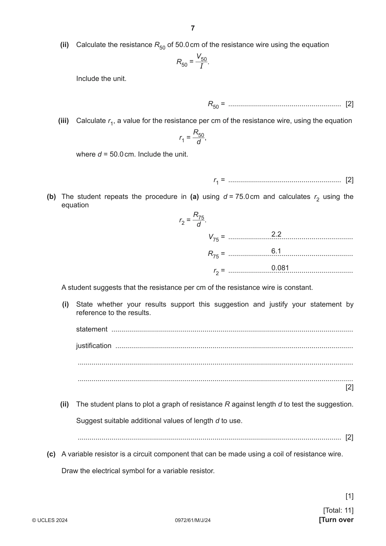 Cambridge IGCSE Physics (9-1) 0972 2024 May/June Paper 6 · Variant 1 question paper, page 7 of 12