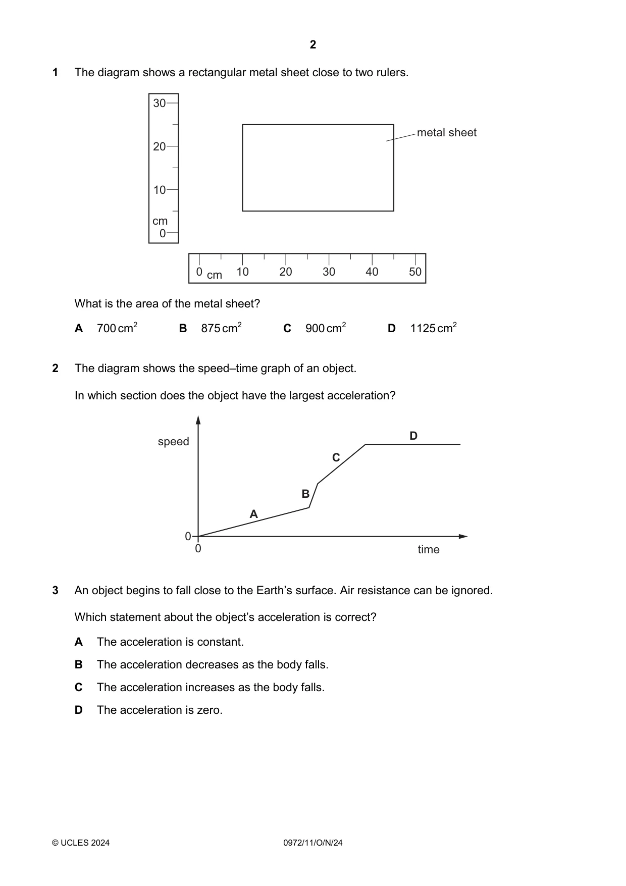 Cambridge IGCSE Physics (9-1) 0972 2024 Oct/Nov Paper 1 · Variant 1 question paper, page 2 of 16