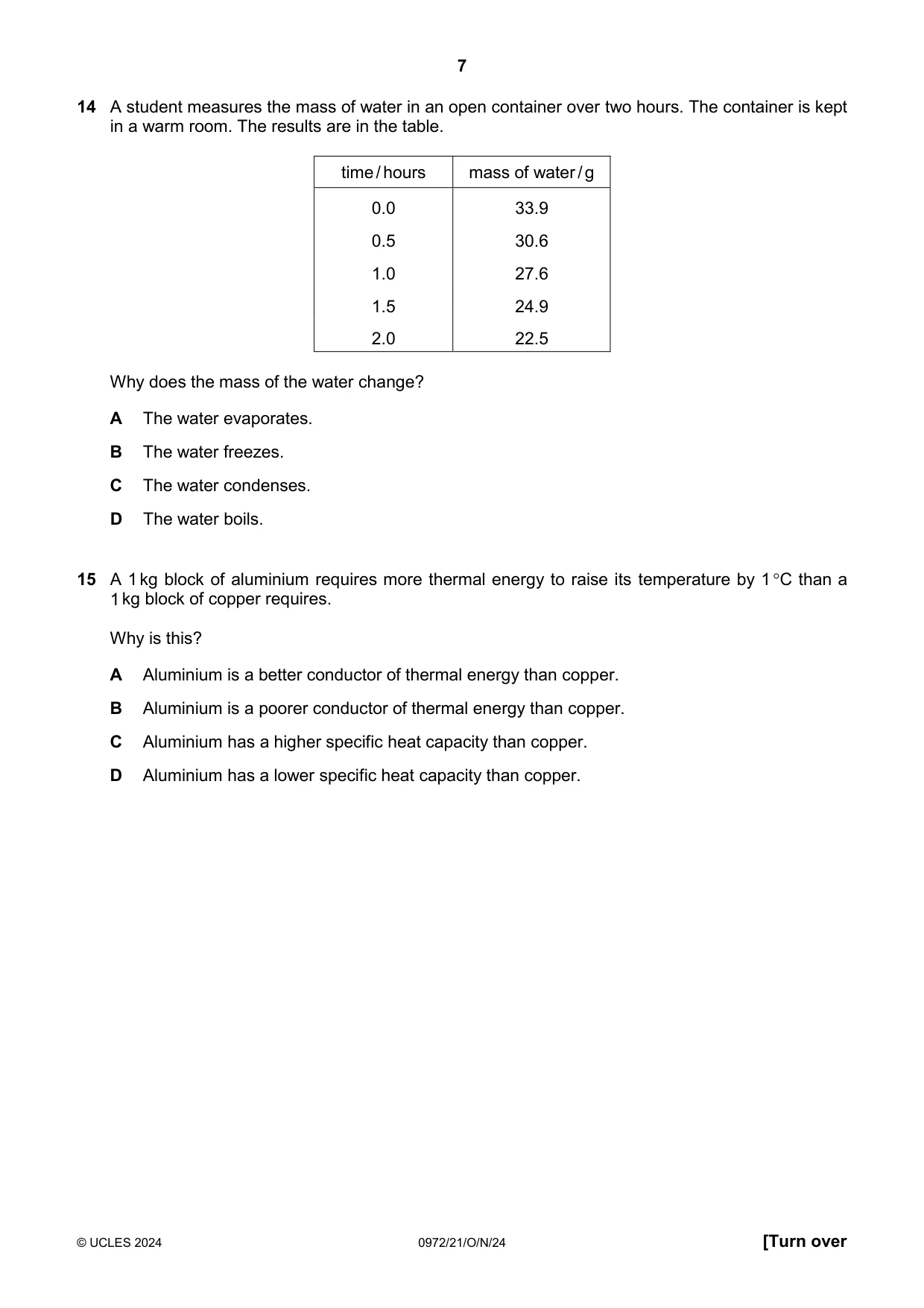 Cambridge IGCSE Physics (9-1) 0972 2024 Oct/Nov Paper 2 · Variant 1 question paper, page 7 of 20