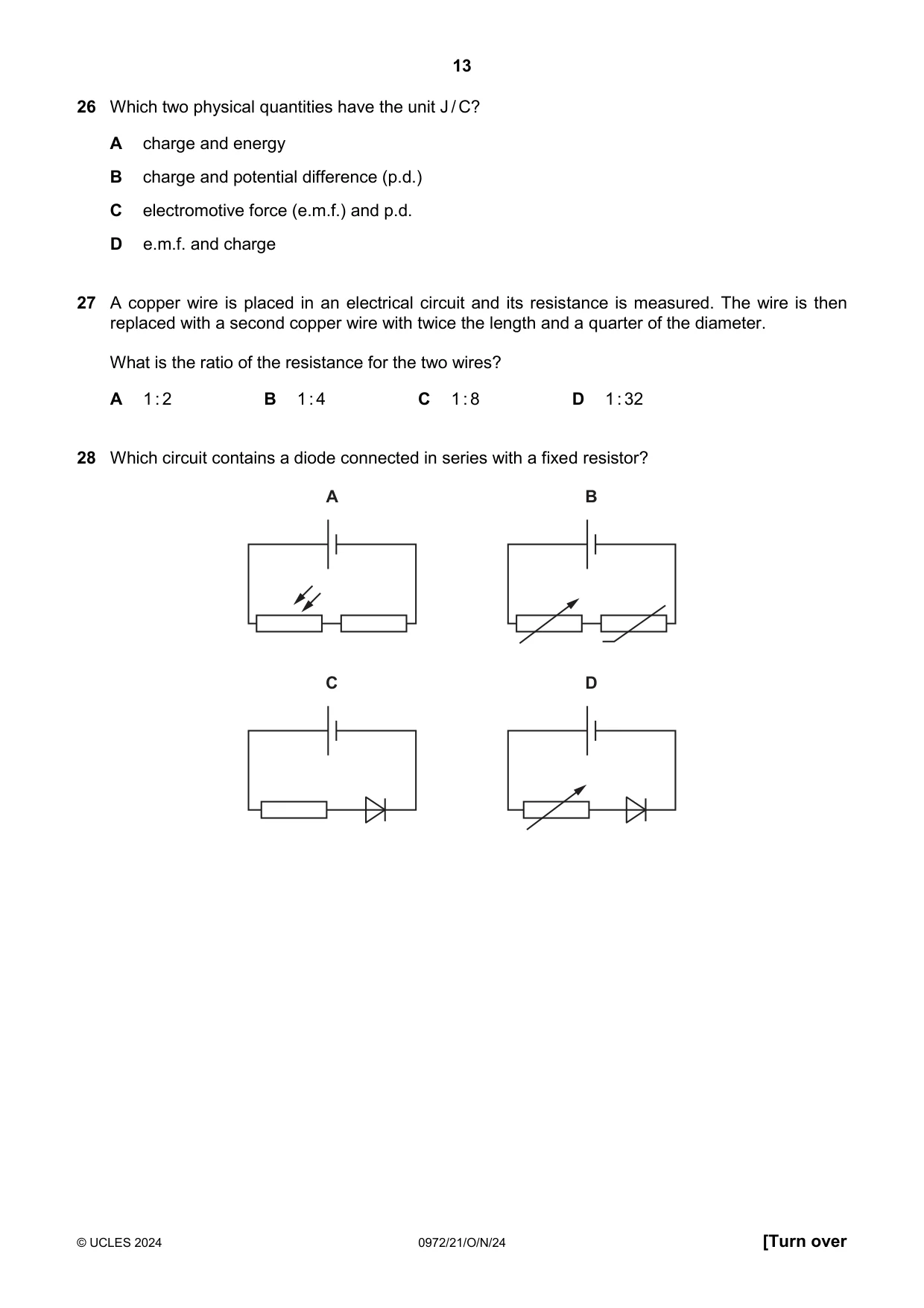Cambridge IGCSE Physics (9-1) 0972 2024 Oct/Nov Paper 2 · Variant 1 question paper, page 13 of 20