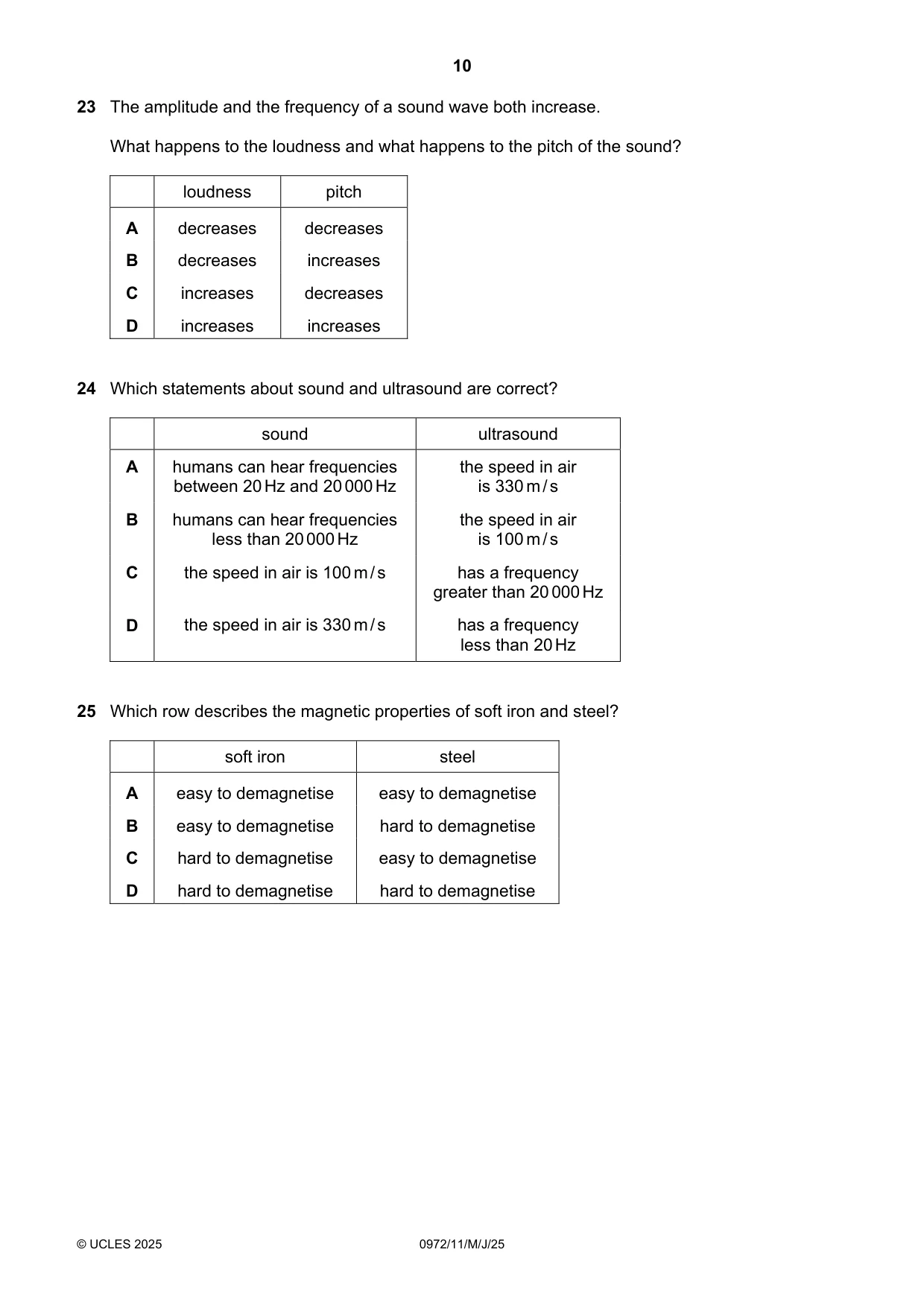 Cambridge IGCSE Physics (9-1) 0972 2025 May/June Paper 1 · Variant 1 question paper, page 10 of 16