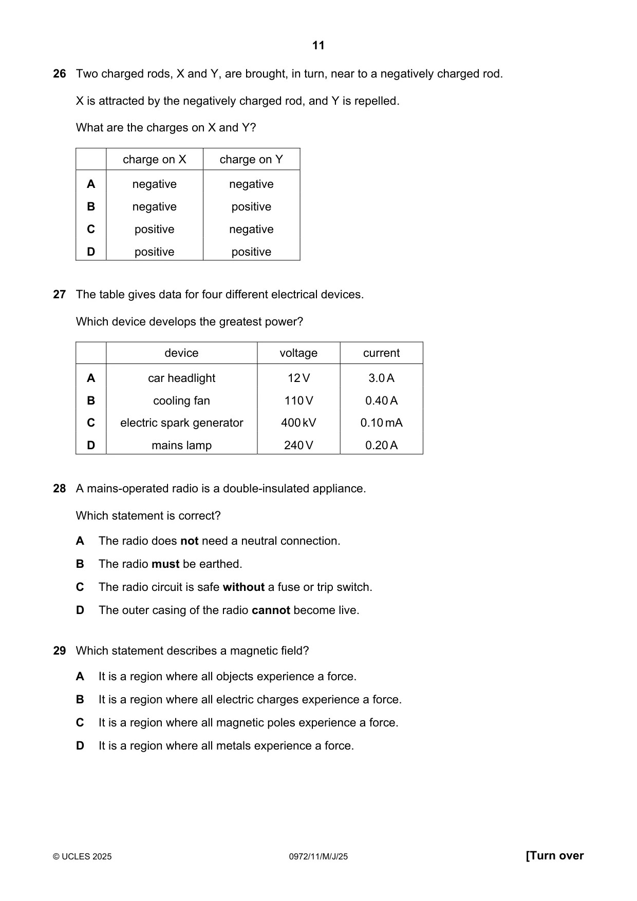 Cambridge IGCSE Physics (9-1) 0972 2025 May/June Paper 1 · Variant 1 question paper, page 11 of 16